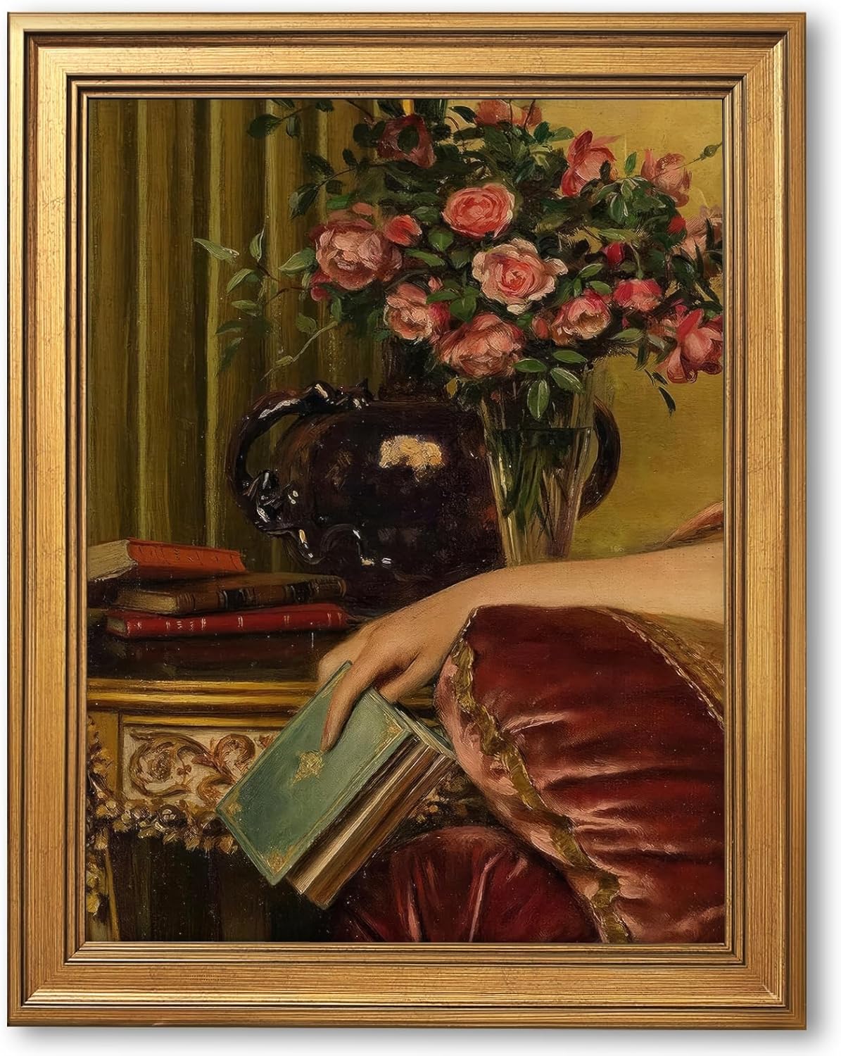 Gold Framed Large Wall Art Mid Century Victorian Floral Wall Decor Vintage Book Flower Canvas Print Oil Painting Renaissance Still Life Artwork Rococo Baroque Poster for Living Room 24x36inch