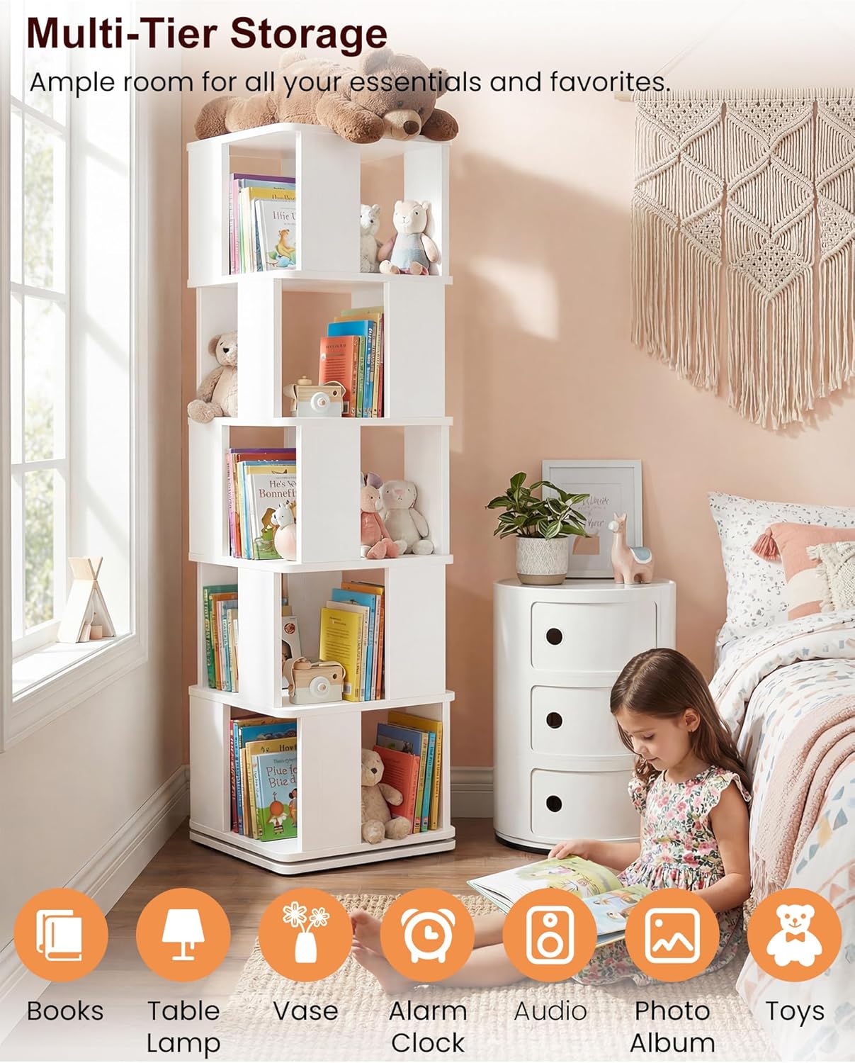 Foxemart 5-Tier Rotating Bookshelf Tower, 360° Spinning Modern Book Storage Bookcase, Stable Display Corner Book Shelf for Kids Room, Living Room, Bedroom, Home Office, White