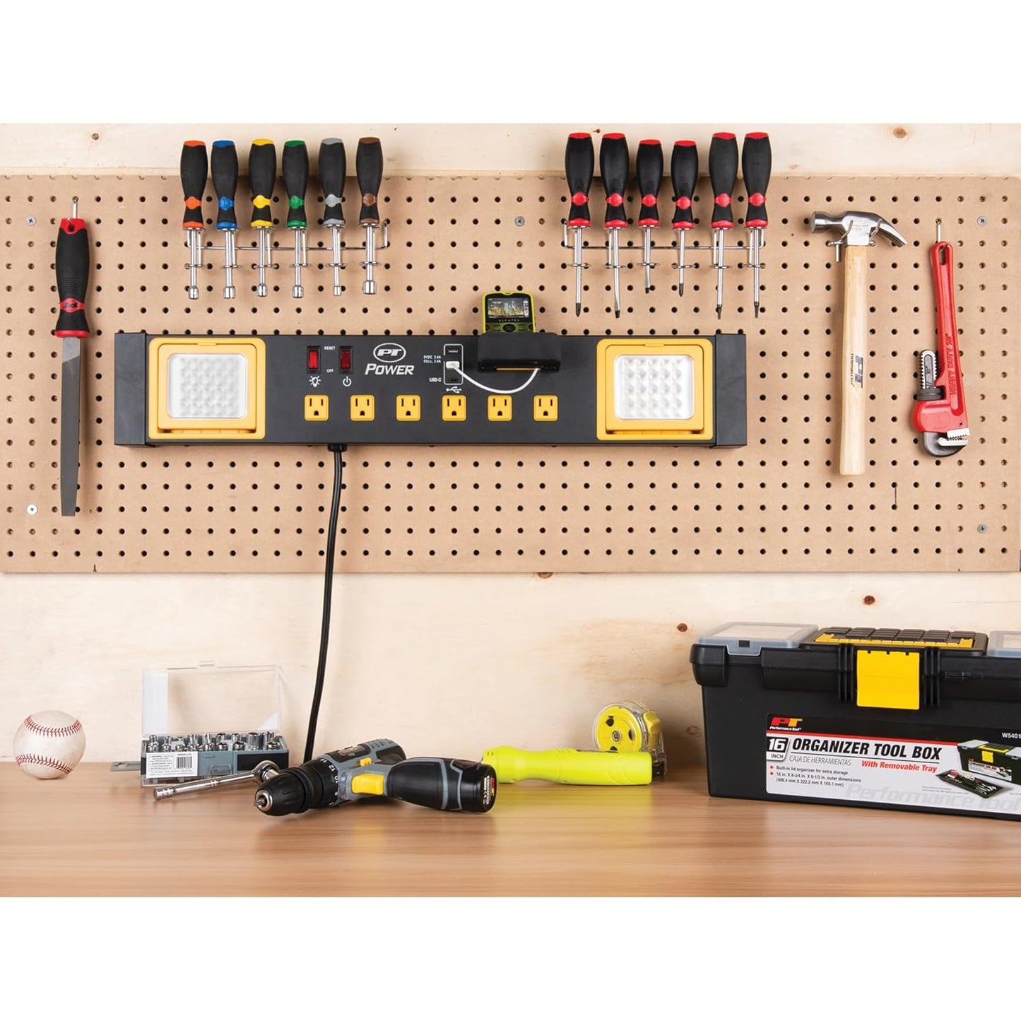 Performance Tool W2279 Commercial Grade Power Station with 6 Outlets, 2 USB Ports, Built-In Cradle, and LED Lights, Ideal for Workshops and Garages