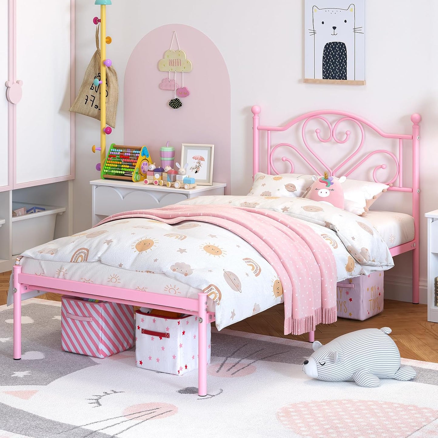 Weehom Twin Bed Frames with Headboard, Heavy Duty Metal Platform Under Bed Storage Space Easy Assembly for Kids Girls Adults, Pink