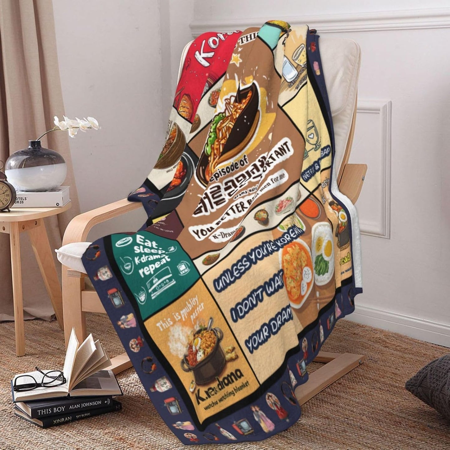 Kdrama Watching Blanket 60x50 Flannel, Korean Food Collage Ramyeon Ramen Bibimbap Tteokbokki, Soft Cozy Tv Throw for Couch Sofa, Kawaii Cartoon Gift for K-Culture Fans