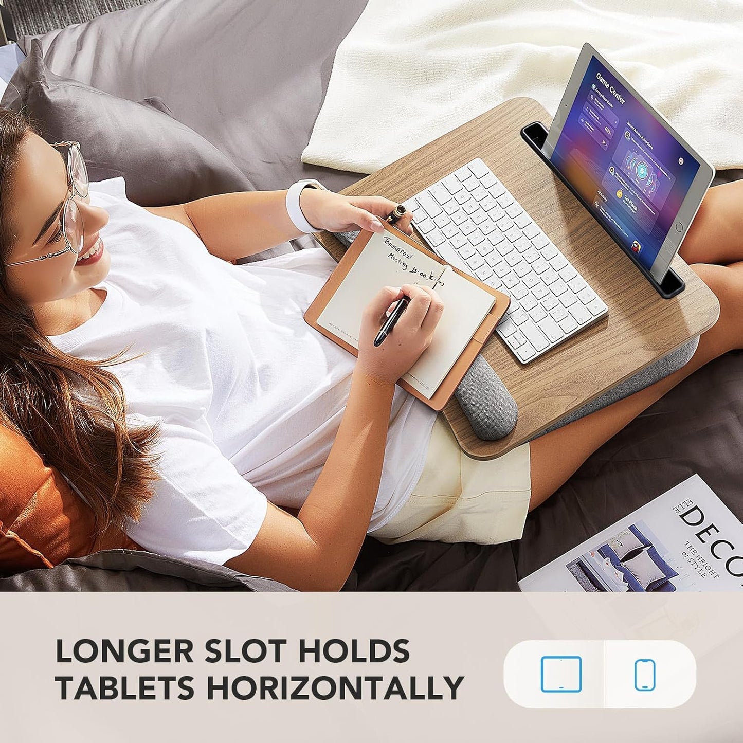 HUANUO Portable Lap Laptop Desk with Pillow Cushion, Fits up to 15.6 inch Laptop, with Anti-Slip Strip & Storage Function for Home Office Students Use as Computer Laptop Stand, Book Tablet