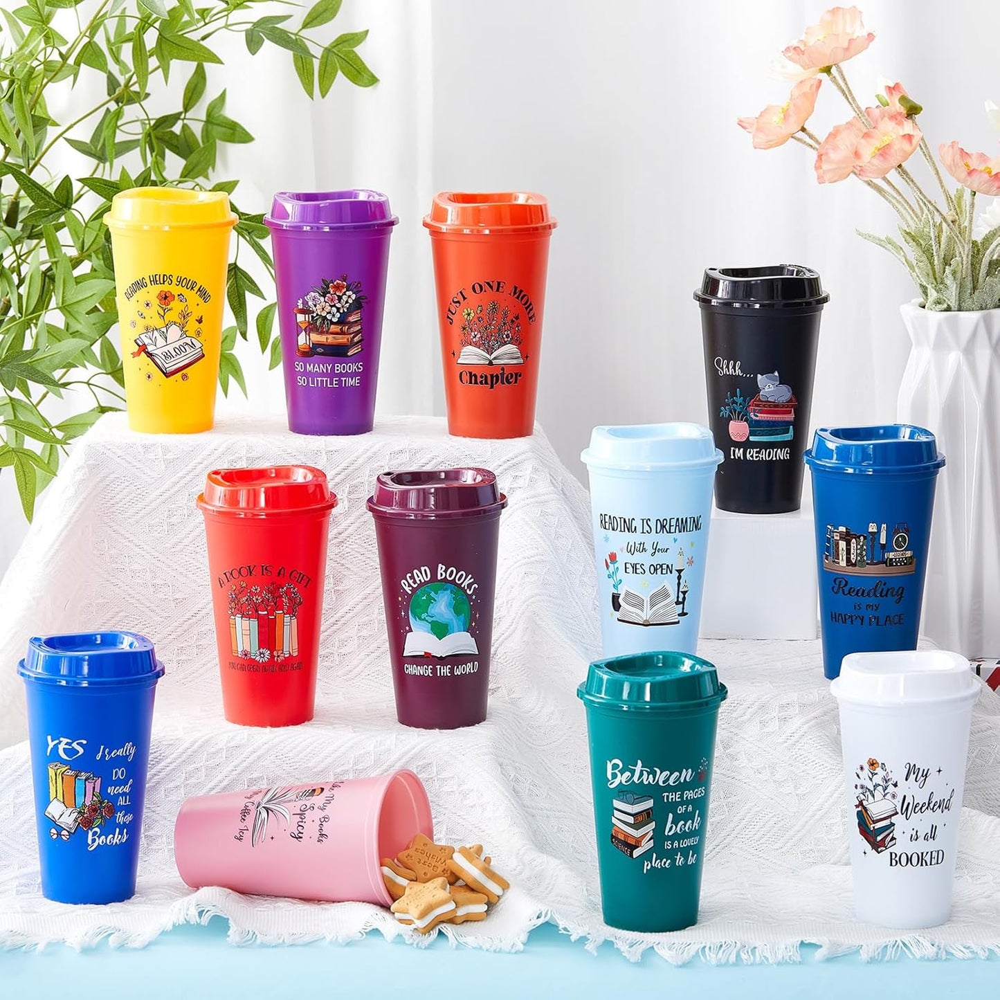 24 Pcs Book Lovers Gifts Bulk, 16oz Library Reading Theme Coffee Cups with Lids, Book Club Appreciation Gifts for Bookish Teacher Students Employee (Multicolored)