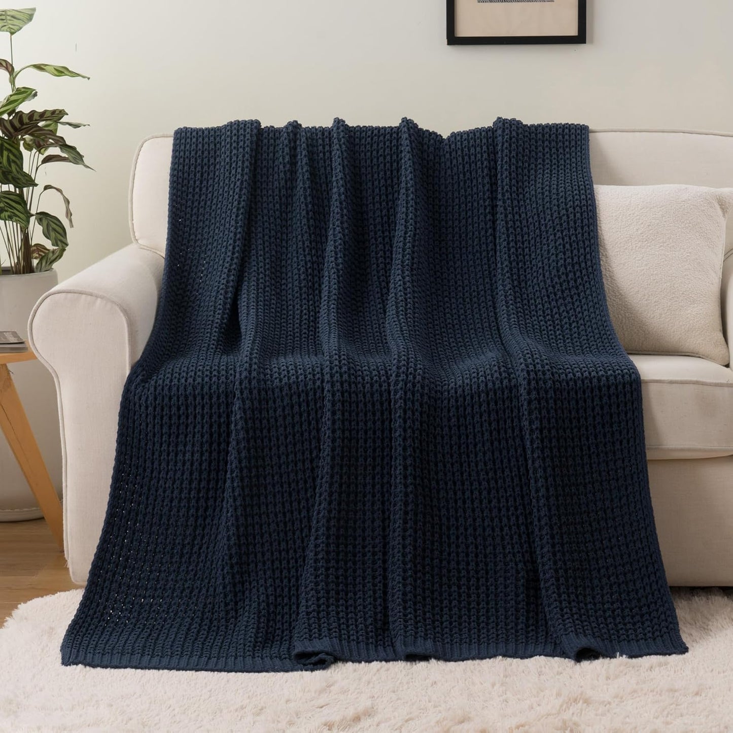 Bunnikins & Clover Navy Blue Throw Blanket for Couch, Knitted Blue Blanket Throw 50''x60'', Super Soft Waffle Navy Throws for Chair Sofa Home Decor
