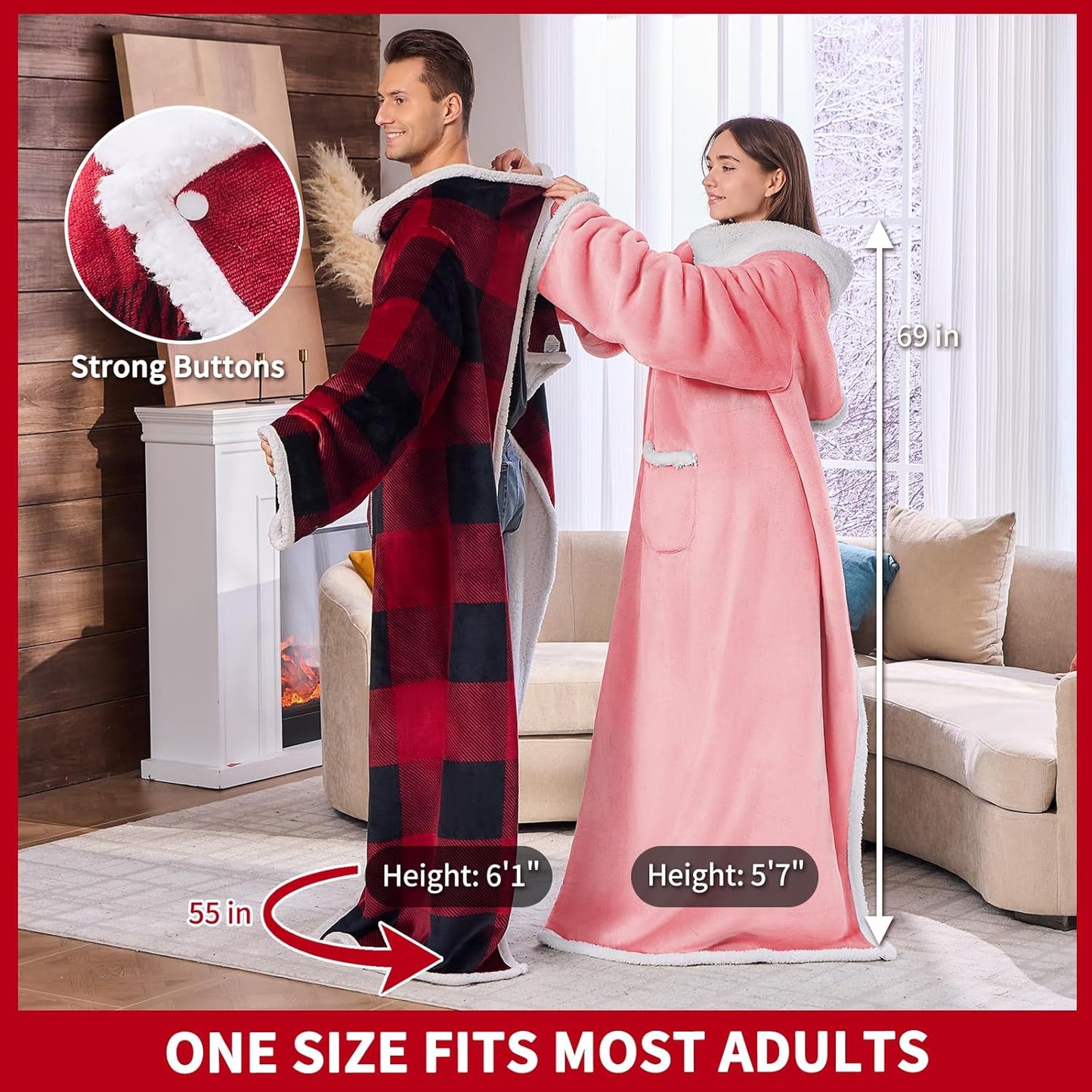 IFNOW Sherpa Wearable Blanket with Sleeves for Women Men Adults, Christmas Birthday Gifts for Women Mom Wife, Cozy Wearable Blanket with Arm and Pocket, Warm Full Body TV Wrap Throw Blanket, Pink