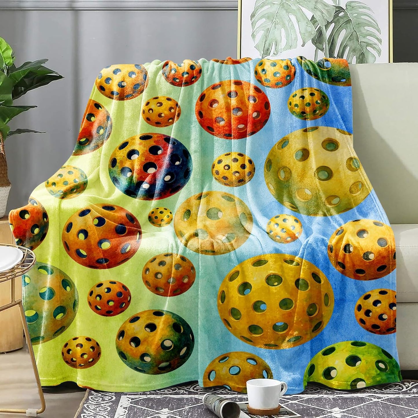 Pickleball Throw Blanket 60x50 – Soft Flannel Fleece, Watercolor Ombre All-Over Ball Print, Lightweight Room Decor for Couch or Bed – Gift for Players, Machine Washable