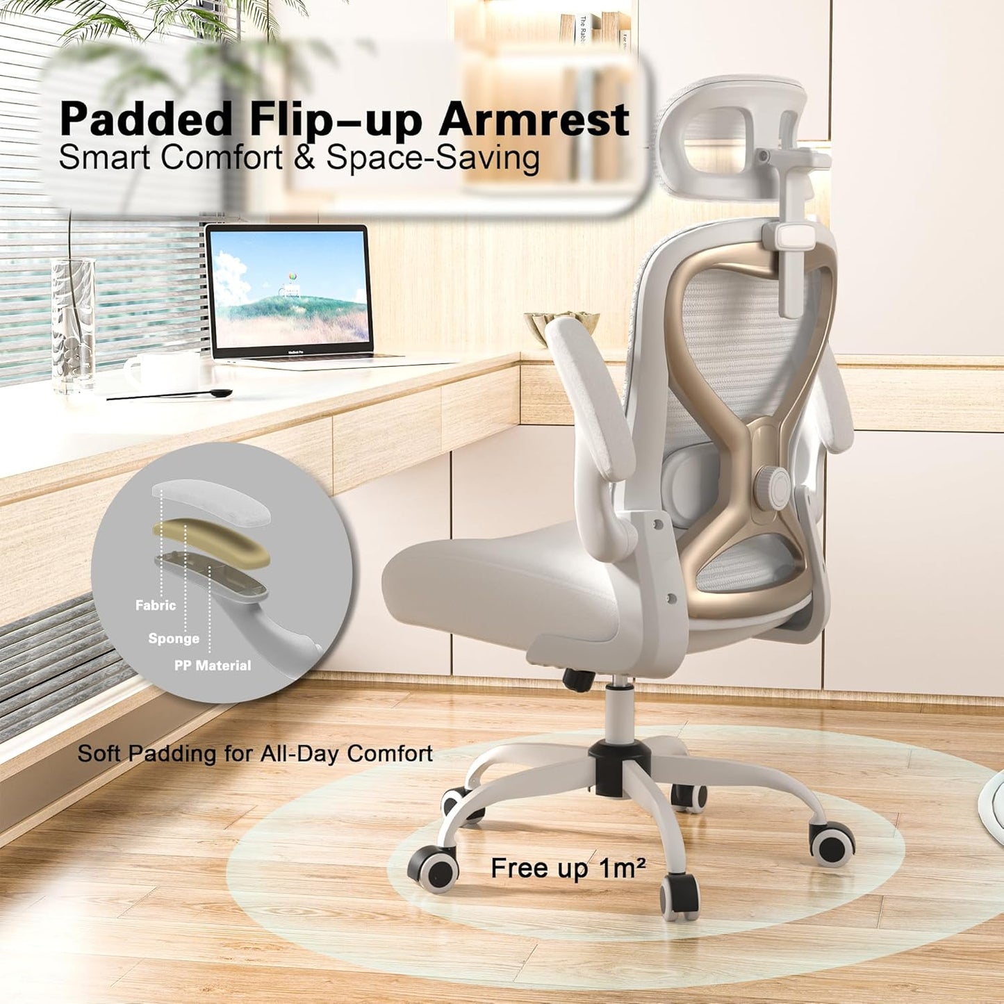 Ergonomic Office Chair for Back & Neck Pain Relief, Virgin Foam Seat, 2D Adjustable Lumbar & 3D Headrest, Tilt & Rock for Relaxation, Ideal for Long Sitting Comfort, White/Gold