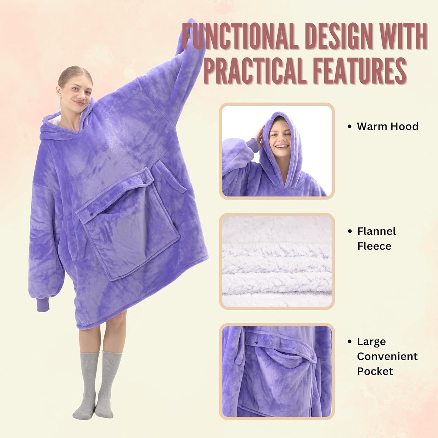 Wearable Blanket Hoodie, Oversized Sherpa Fleece Sweatshirt with Large Pocket, for Adults Women Men