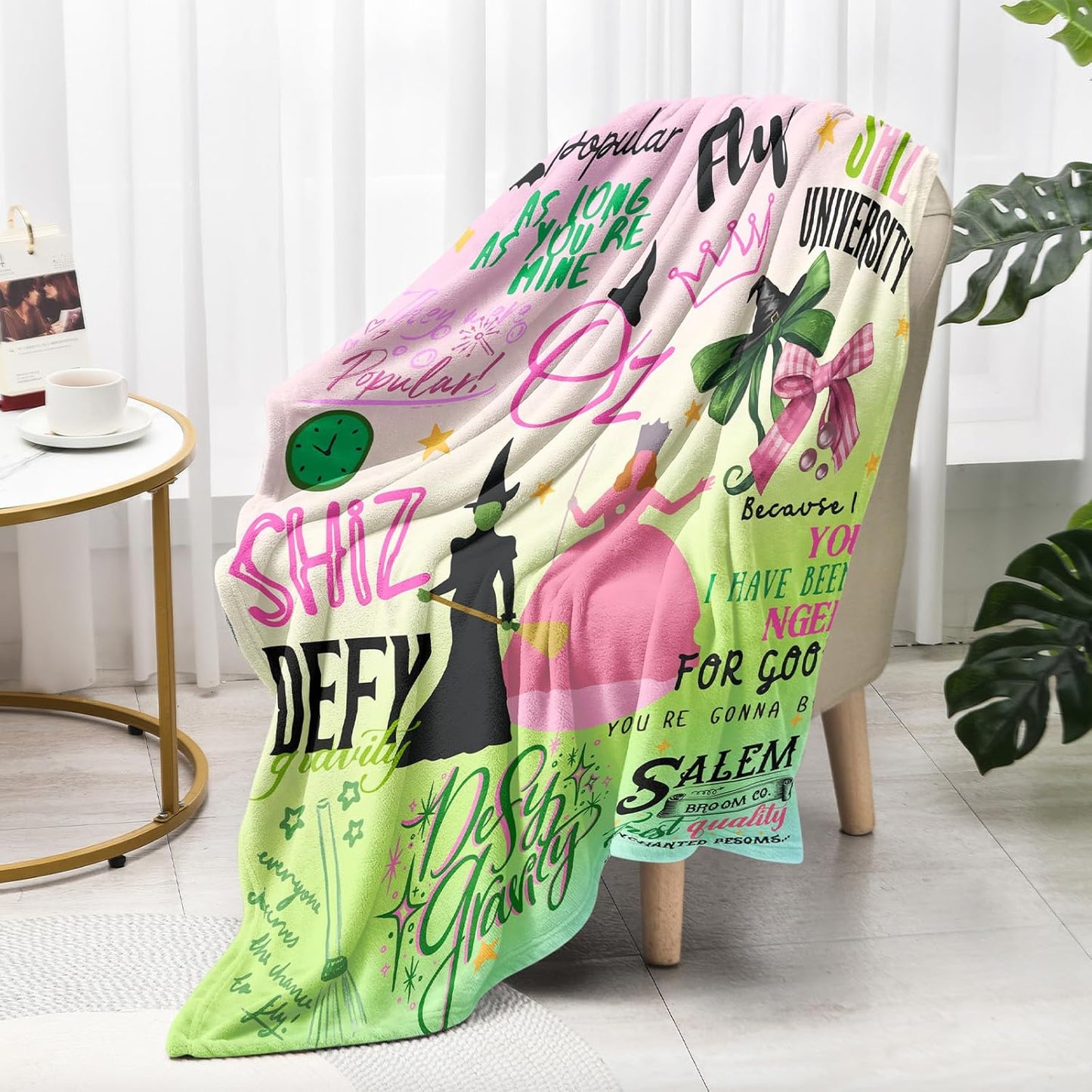 50'' x 40'' Witch Mix Green Vintage Evil Gift Queen Throw Flannel Blanket, Elphaba Hat Glinda Magic Movie Land Blanket, All Seasons Warm Cozy Soft Blanket for Sofa Bed Halloween Women Girls Fans 2