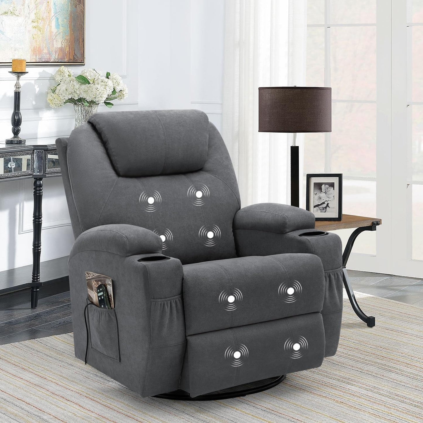 Rocking Recliners Chairs with Massage Classic Swivel Ergonomic Lounge Chair Sofa with 2 Cup Holders Side Pockets for Living Room Home Theater Seat(Gray)