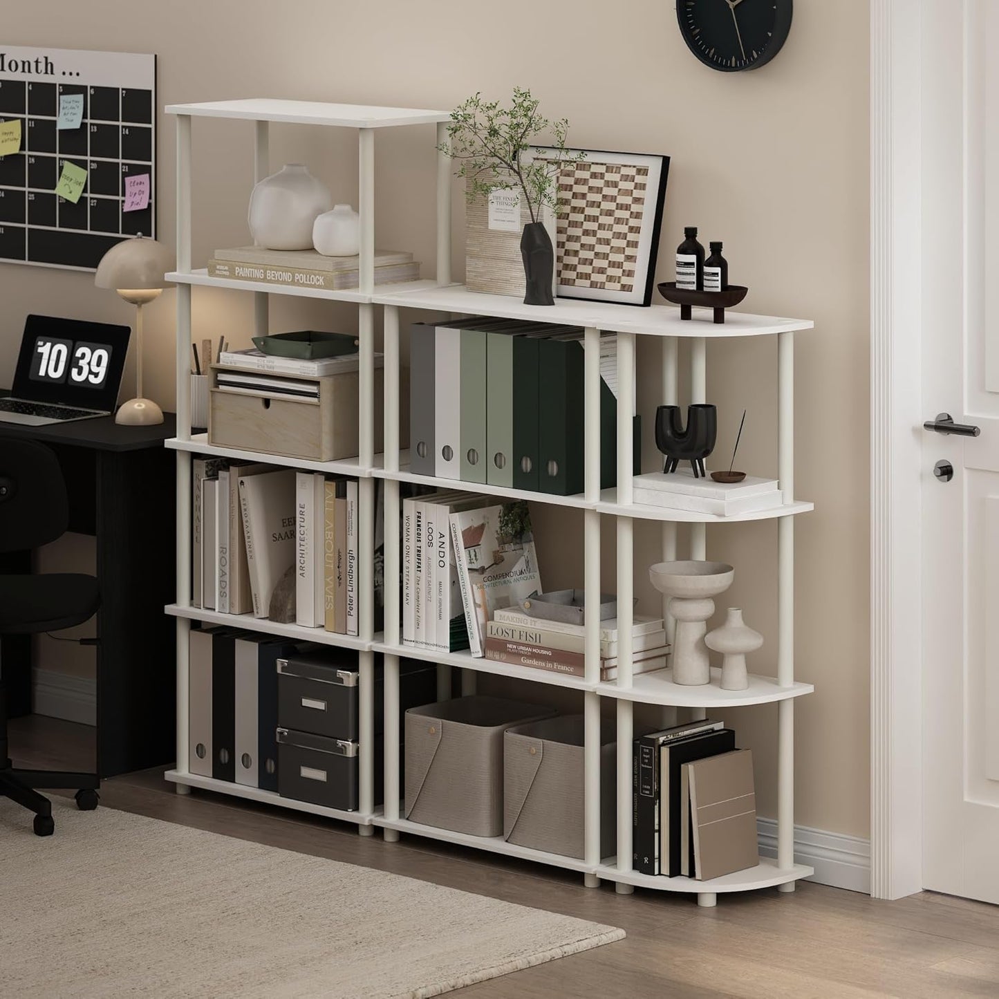 Furinno Turn-N-Tube Corner Shelf, 4-Tier Corner Bookshelf, Display Storage Shelves with Open Shelves, for Organization and Storage, Living Room, Home Office, Garage, White