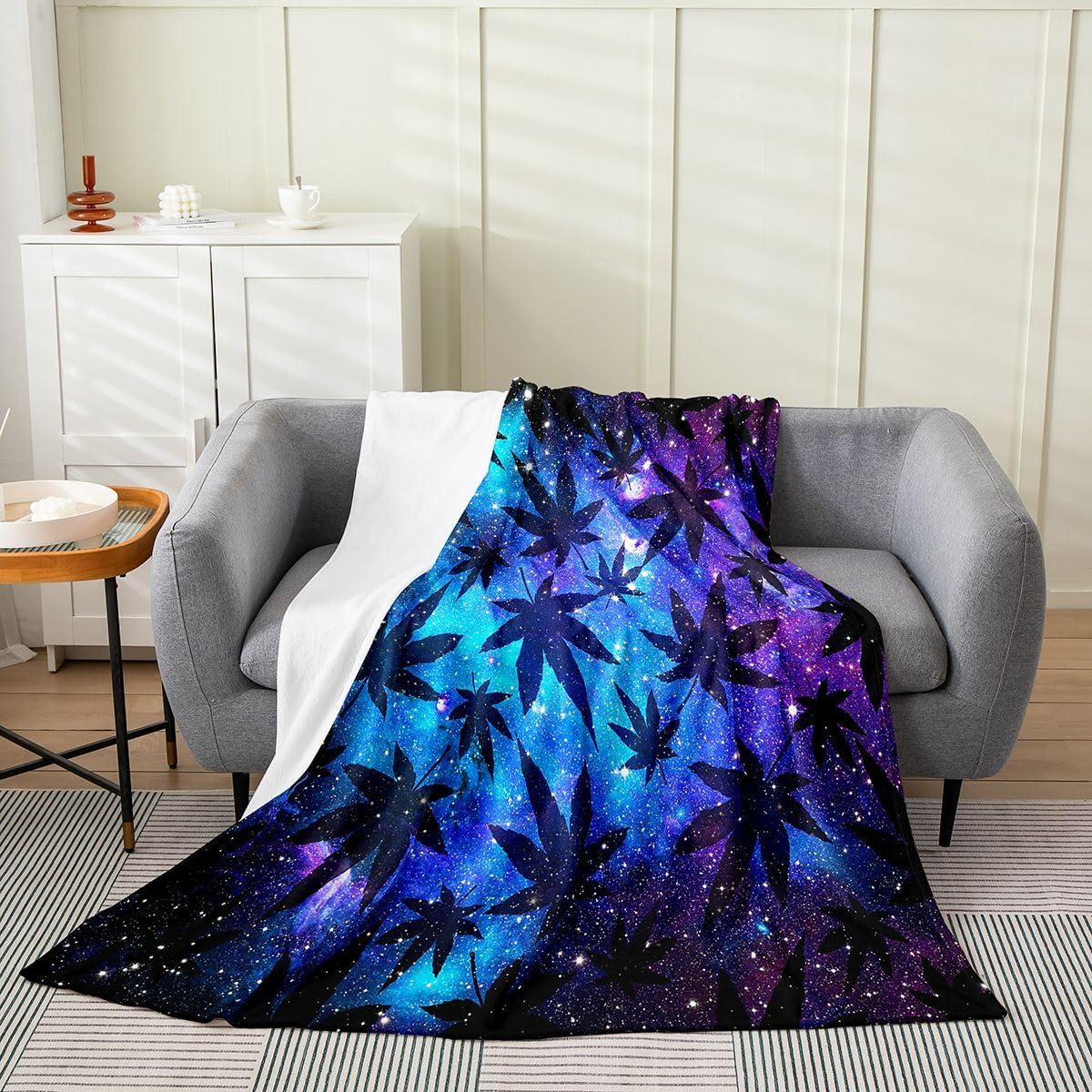 Erosebridal Leaf Fleece Blanket Leaves Flannel Blanket Queen 90x90,Purple Galaxy Leaf Flannel Blanket for Boys Girls Men Botanical Leaves Starry Sky Fuzzy Blanket