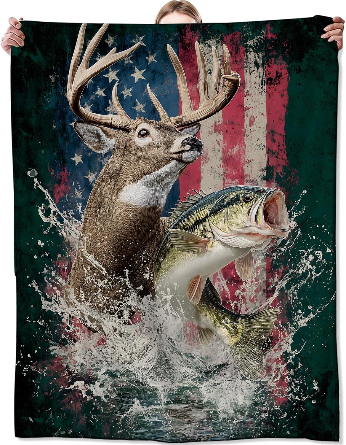 Retro Deer Flannel Blanket, Soft Cozy Throw with Realistic Wildlife Fish, Lightweight Blankets for All Seasons, Patriotic American Flag Home Sofa Decor and Gifts for Men Veterans, 50x60 Inch