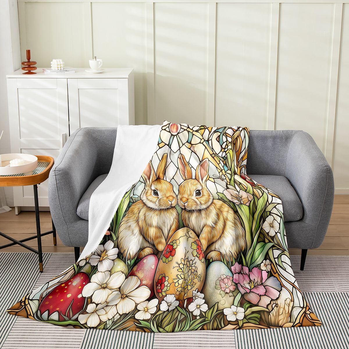 Manfei Cute Rabbits Flannel Blanket Colorful Eggs Flower Butterfly Throw Blanket Easter Theme Cozy Throws for Bed Couch Sofa,Kids Boys Girls Room Decor,Soft and Breathable(50 x 60 Inches)