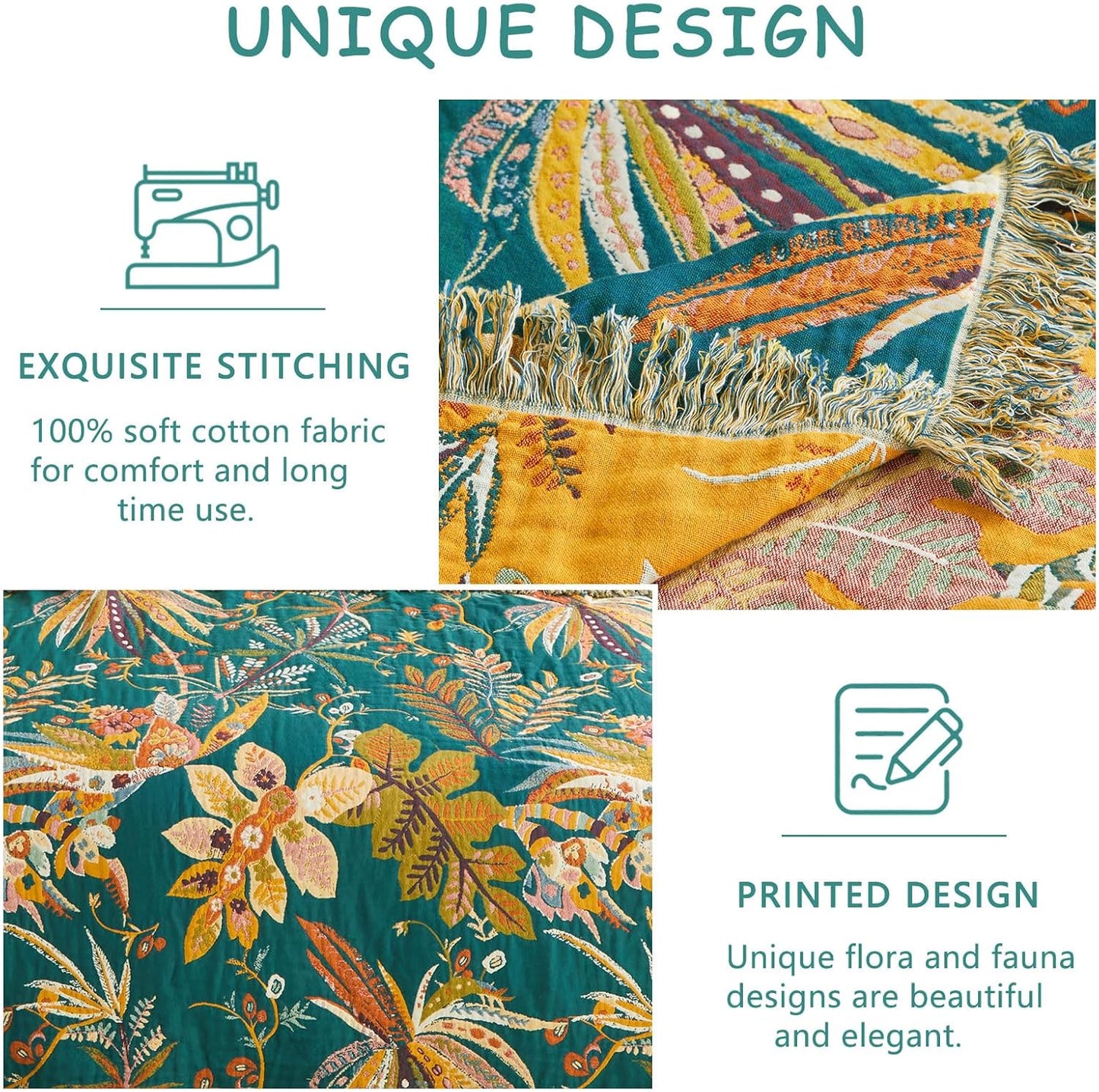 Boho Throw Blanket - 60"x80" Soft Cotton Throw Blanket Muslin Blankets for Bed, Reversible Lightweight Spring Blanket with Floral Printed, All Season Farmhouse Decor Rustic Blanket