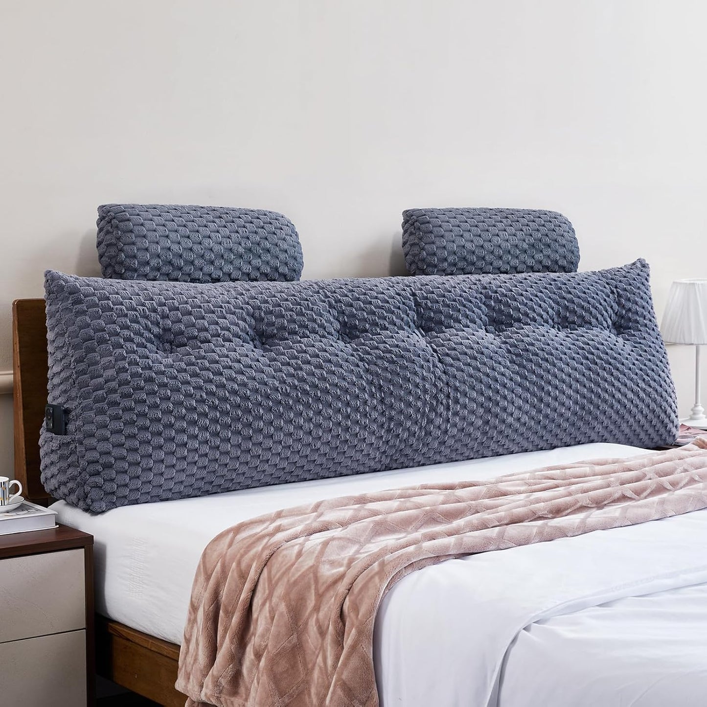 Wedge Headboard Pillow King- Bed Wedge Pillow for Headboard Triangular Headboard Pillow with Neck Roll Pillow-Large Bolster for Sitting in Bed Backrest Positioning Support (Grey,76x8x20 Inches)