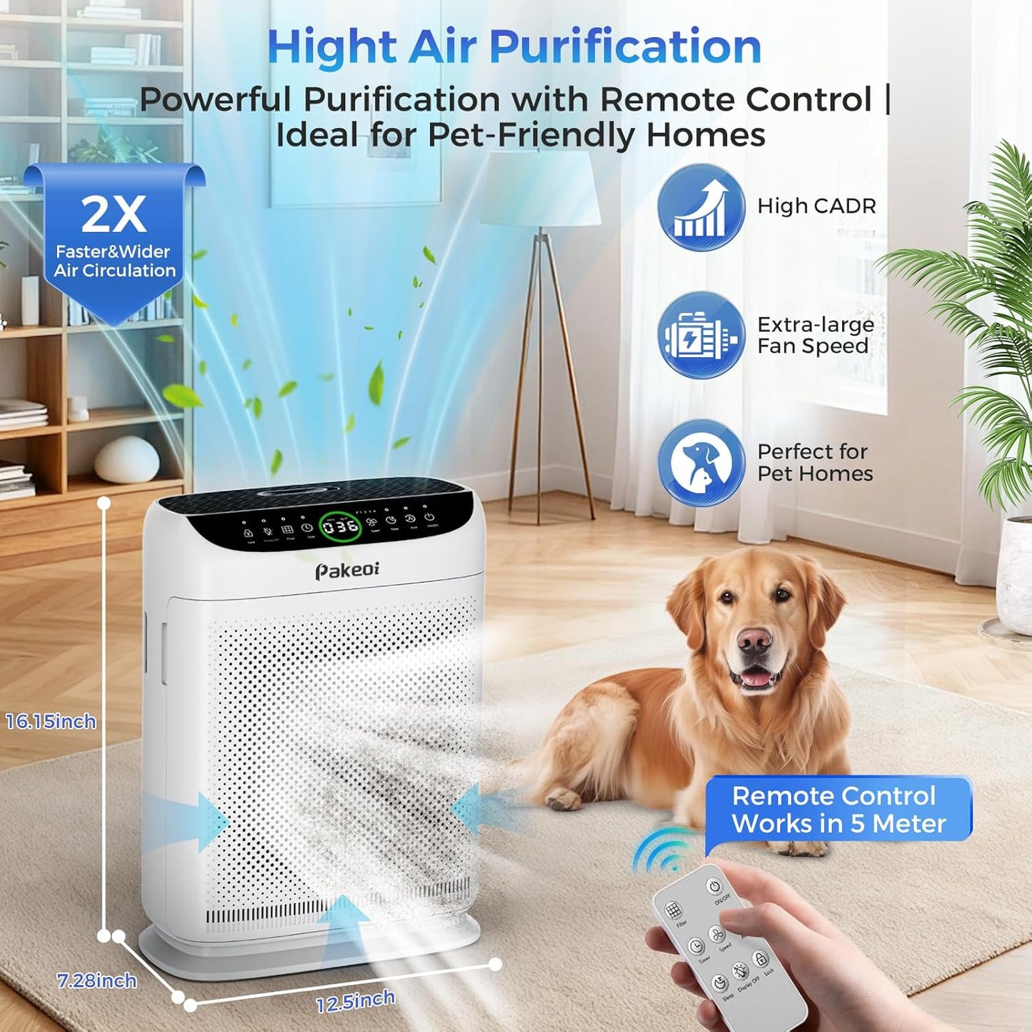 Air Purifiers for Home Large Room Up to 3000 Ft² With Double Air Intake,PAKEOI HEPA Air Purifier for Bedroom With Washable Pre-Filters, Remote Control, 15dB Sleep Mode,Air Cleaner for Pets Dust, White