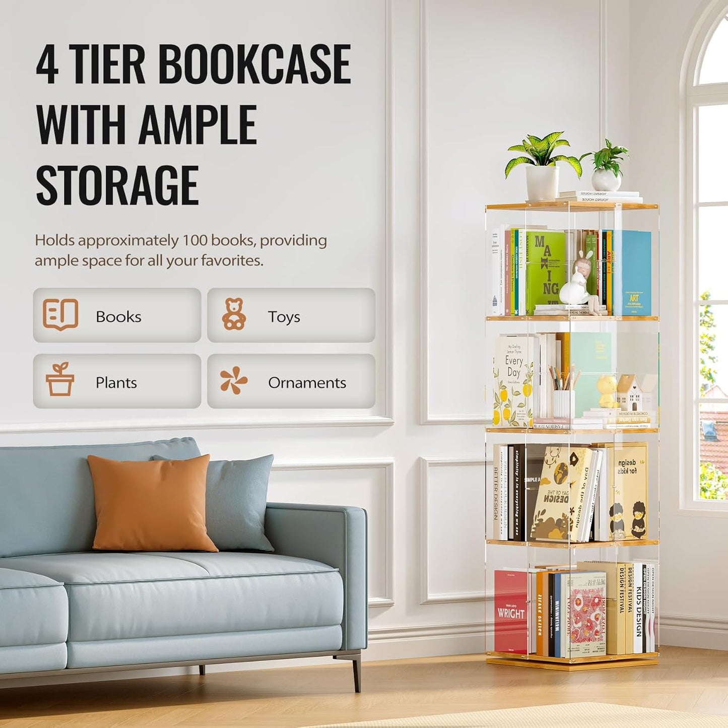 Rotating Bookshelf, 360 Degree Revolving Bookcase, 4-Tier Spinning Bookshelf, Clear Acrylic & Solid Wood Rotating Bookcase for Kid’s Playroom, Bedroom and Living Room, Square
