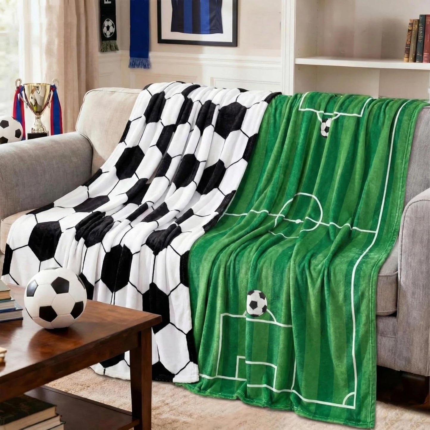 2 Pcs Soccer Blanket 50" x 60" Soccer Flannel Throw Blanket for Teen Team Coach Gifts Ball Themed Accessories Decoration for Sport Lovers Birthday Christmas Adult Gift Favors