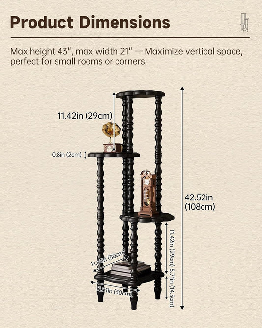 Vintage Corner Shelf 4-Tier, Solid Wood Display Shelf Mid Century, Unique Handcrafted Antique Display Rack, Freestanding Corner Bookshelf with Spindle Legs for Living Room Bedroom, Black