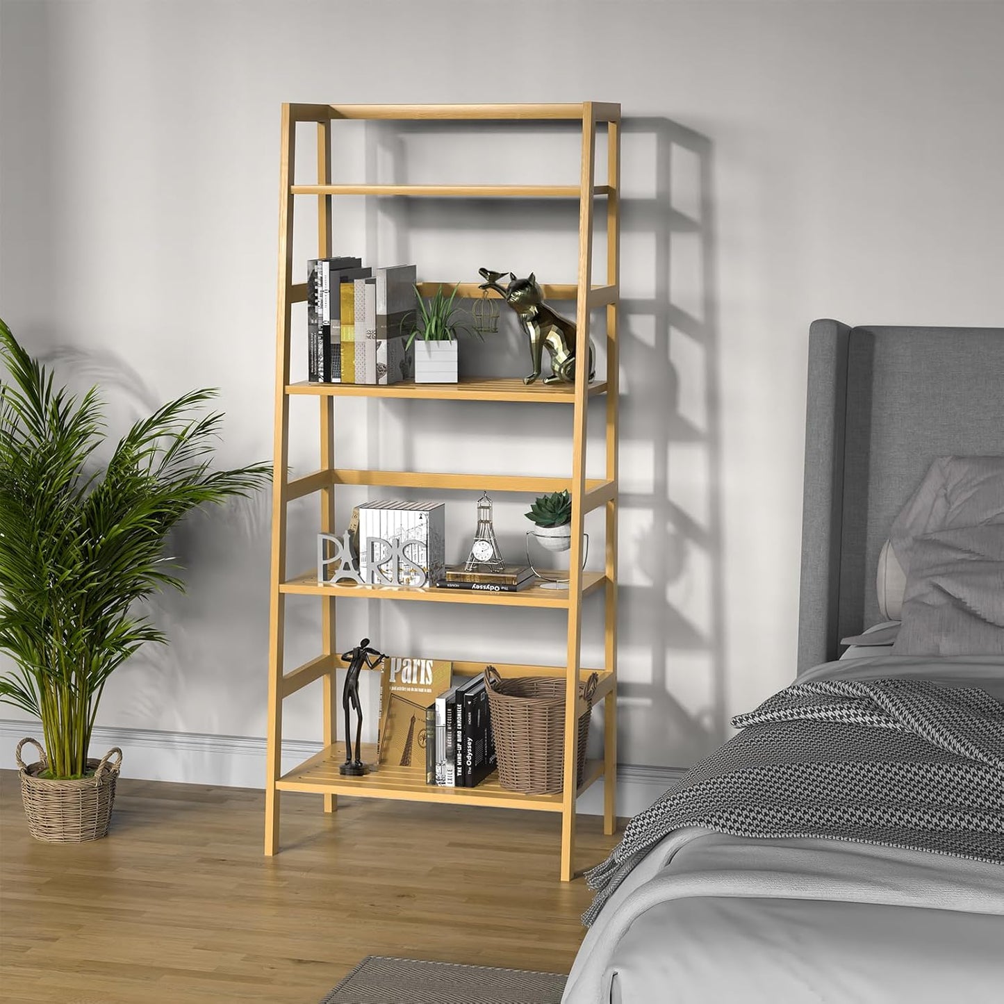 Bamboo Bookshelf, 4-Tier Ladder Shelf Freestanding Space Saver Open Bookcase Book Shelf, Bamboo Storage Shelving Unit Flower Plant Stand for Living Room, Bathroom, Home Office, Natural