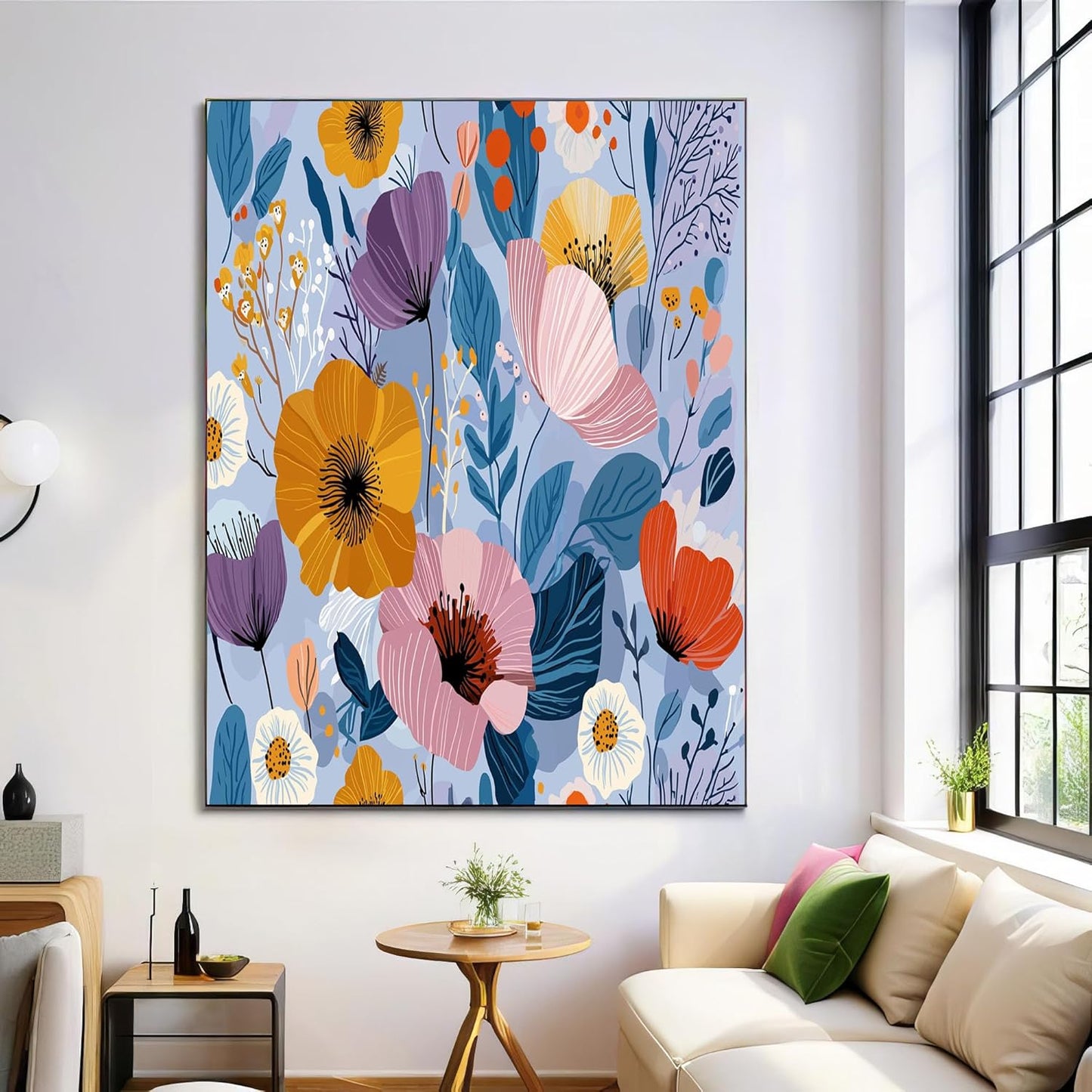 GDJSMIN Scandinavian Style Wall Art, Yellow-Pink Floral Pattern Poster For Reading Room Living Room Decor 16X 24 Inch Unframed