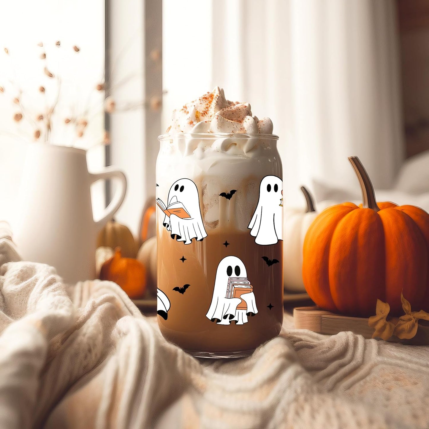 Fairy's Gift Ghost Reader Halloween Cup, Cute Spooky Gifts for Book Lovers, 16 oz Iced Coffee Tumbler Cup w/Lid Straw, Book Themed Bookworm Bookish Reading Halloween Gifts for Women Librarian Reader