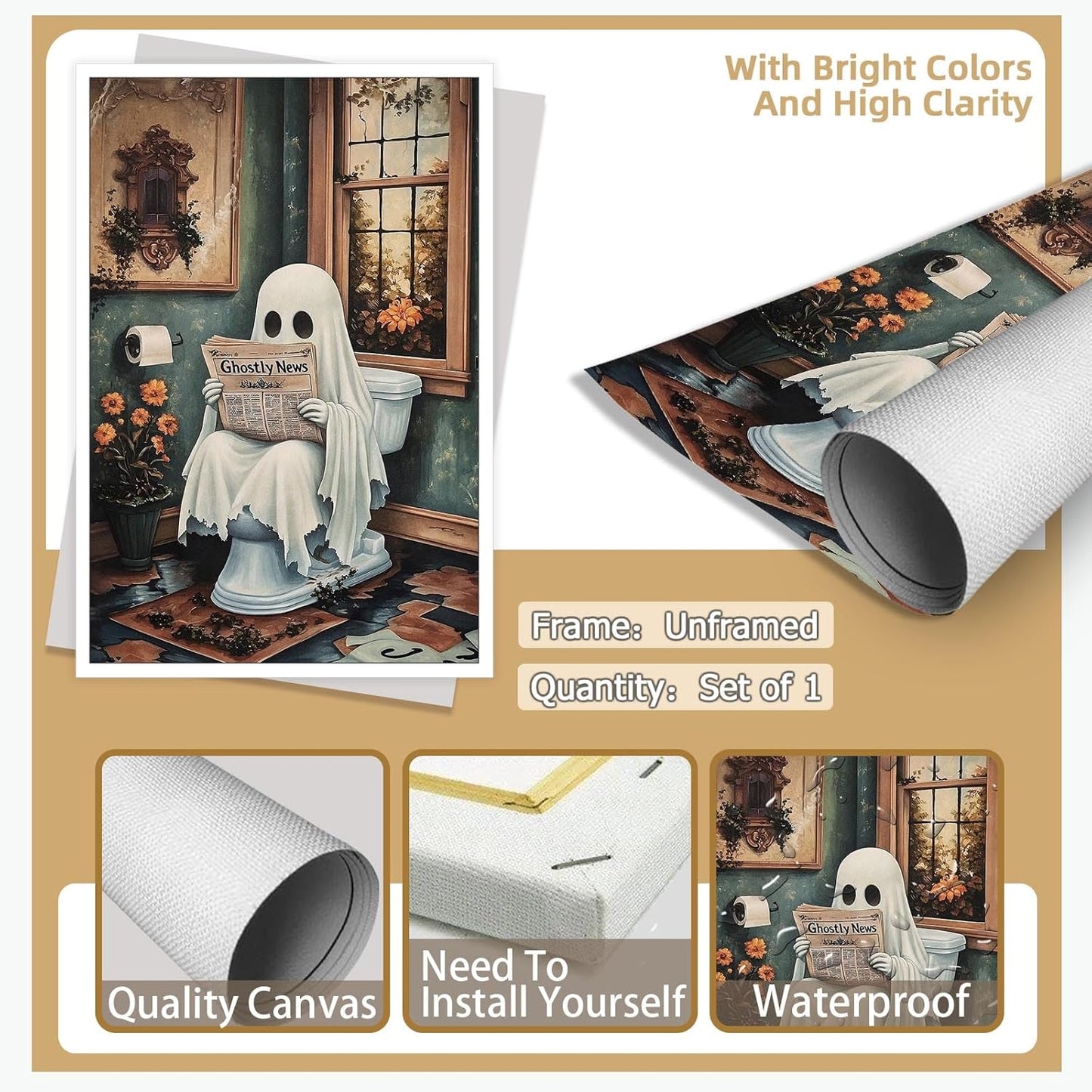 Halloweenn Ghost Reading Newspaper Bathroom Wall Art Funny Ghost On Toilet Posters Spooky Dark Academia Gothic Canvas Print Vintage Whimsical Horror Wall Decor for Apartment Dorm 12x16in Unframed