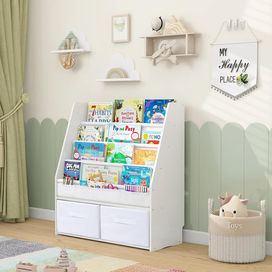 MallBest Solid Wood Toddler Bookshelf with Storage Bins – Montessori-Inspired Front-Facing Book Rack for Kids, Ages 1-5, Easy Assembly, White