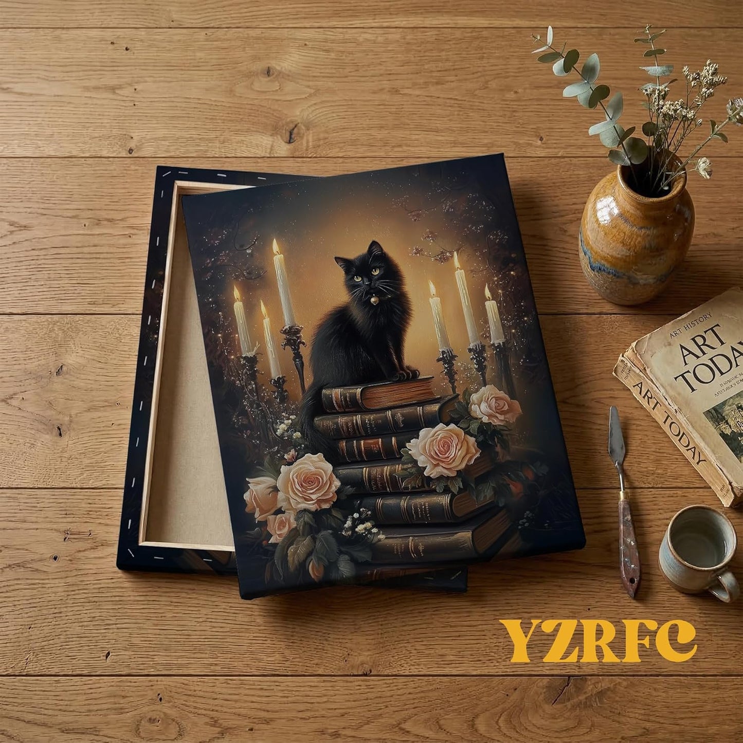YZRFC Dark Academia Black Cat Wall Art Framed, Vintage Floral Moody Black Cat Book Art Wall Decor Canvas Artwork Poster for Home Bedroom Reading Nook Corner, 11x14 Inch