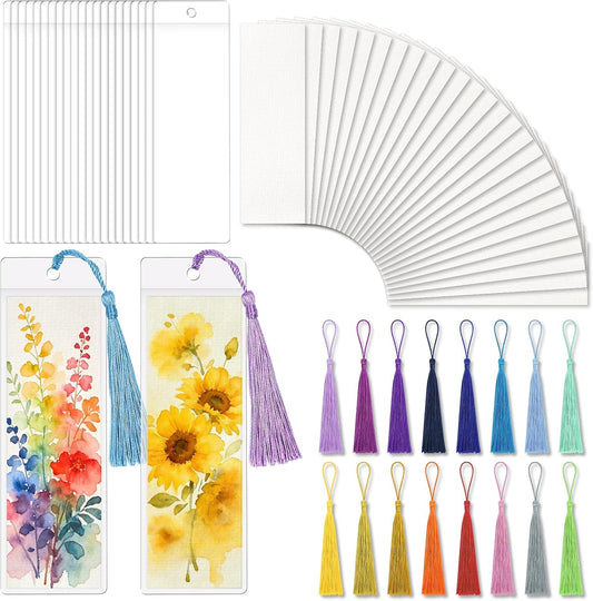 60 Pack Bookmarks with Sleeves & Tassels – Blank Watercolor Paper Bookmarks for DIY Painting, Reading, Classroom Crafts & Gift Tags