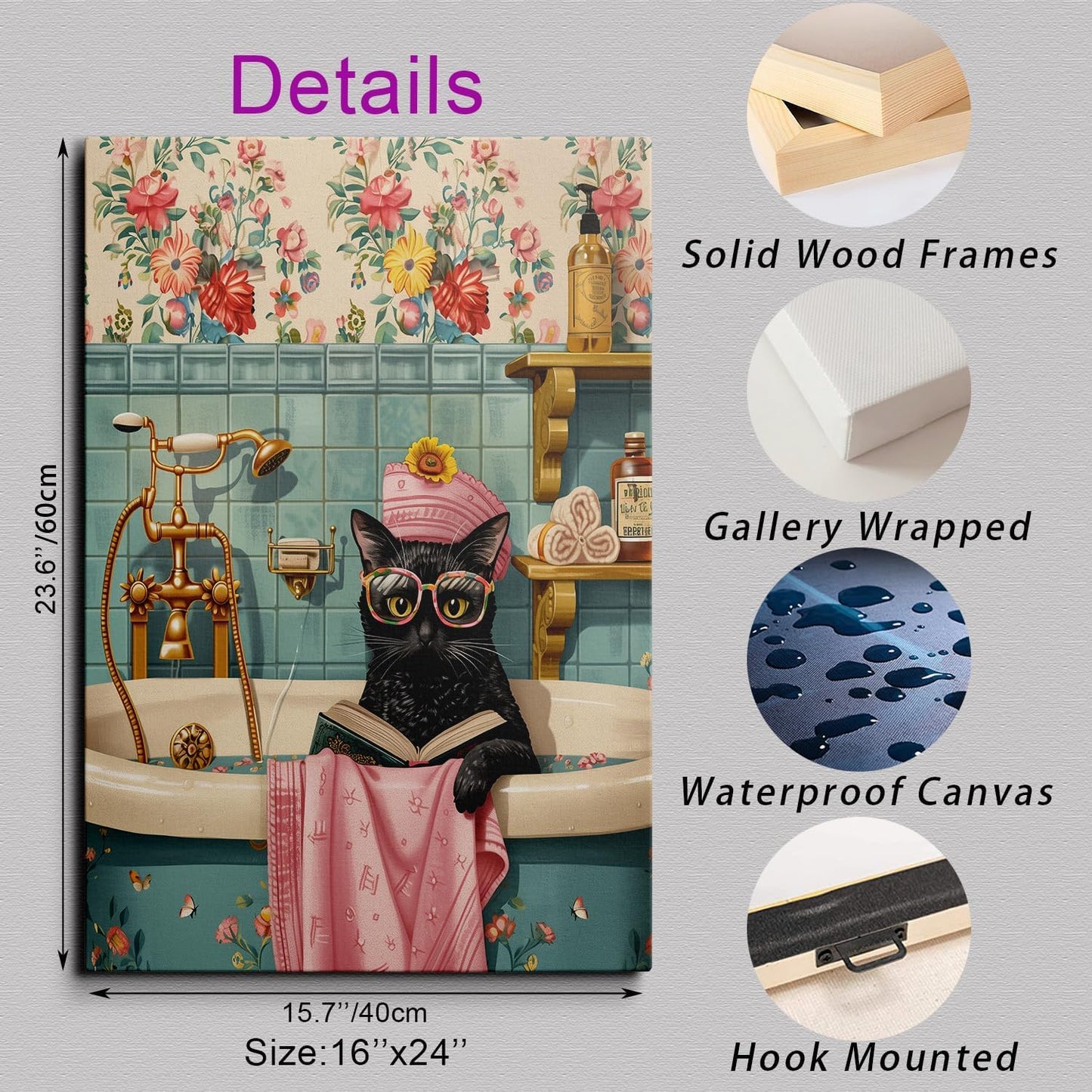 Whimsical Cat in Bathtub Canvas Wall Art Framed Painting Vintage Bathroom Scene with Glasses Bath Cap Wall Decor Artwork Print Poster Funny Cute Cozy for Bathroom Office Decor 16x24 Inches