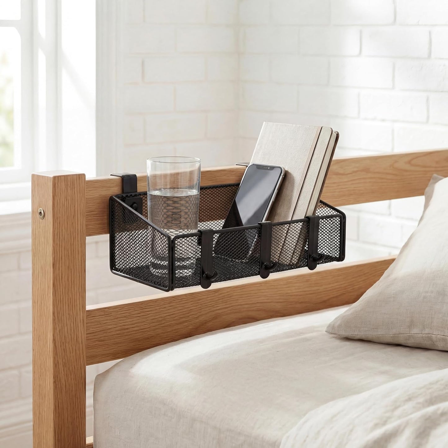 Bedside Shelf for Bed & Bunk Bed Storage Basket Office Cubical Wall Hanging Organizer - 5 Different Size Hooks - College Dorm Home Office Essentials for Phone,Book,Drink,Tissue (Black)