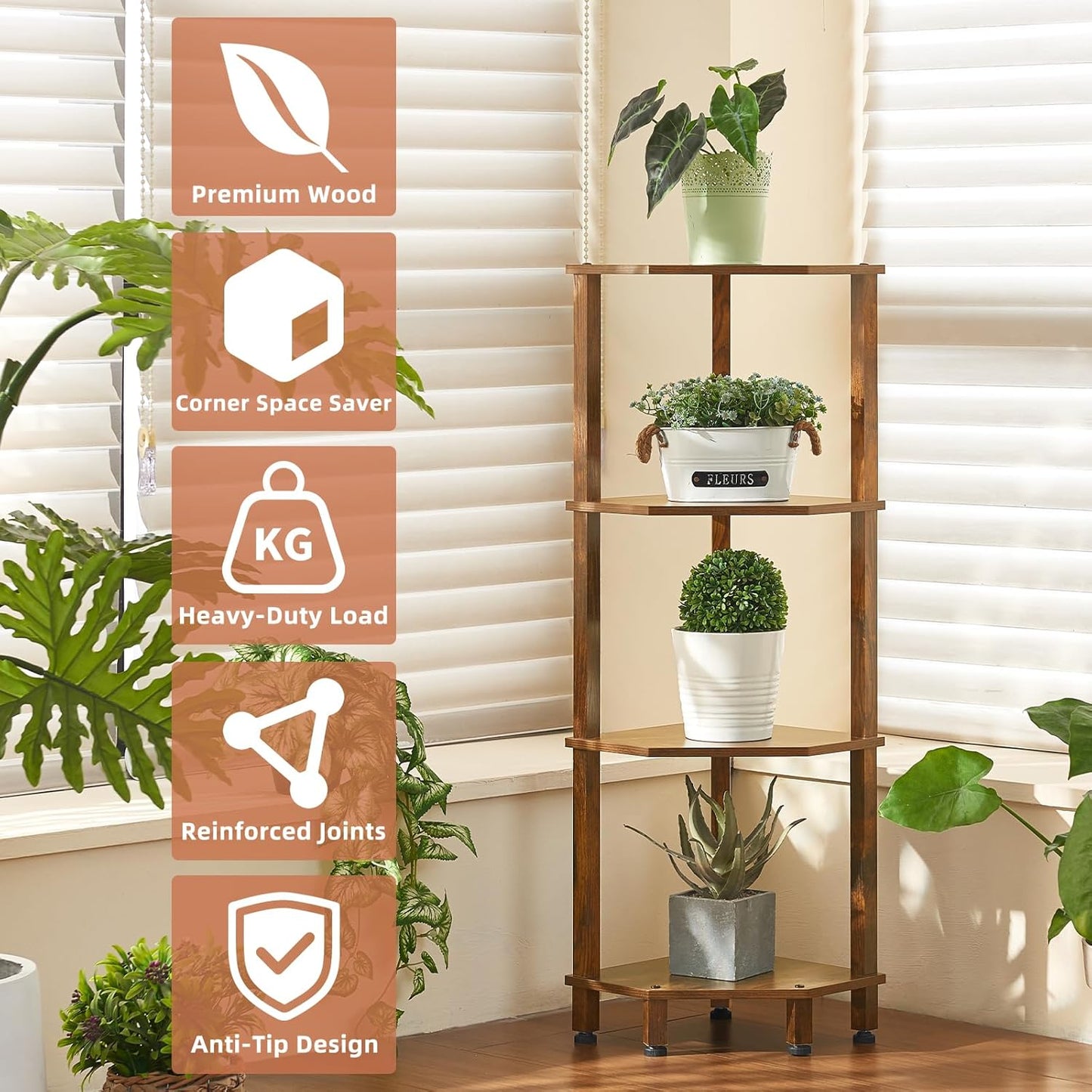 4-Tier Corner Shelf with Sturdy 5-Leg Base, 40in Tall Narrow Bookcase for Small Spaces, Wooden Plant Display Shelf, Thin Bookshelf for Living Room, Bedroom, Office, Brown