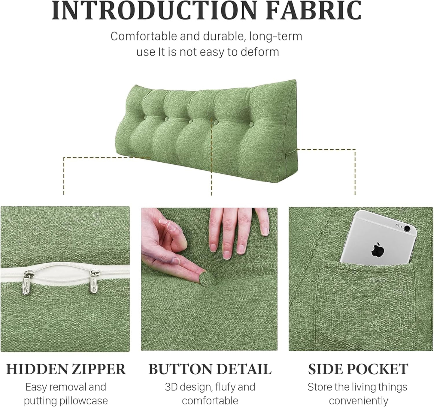 14 lbs Thickened Headboard Pillow Wedge Pillow Headboard Reading Pillow Bed for Backrest Reading Triangular Pillow with Side Pocket for Sitting in Bed Cotton Linen Green King