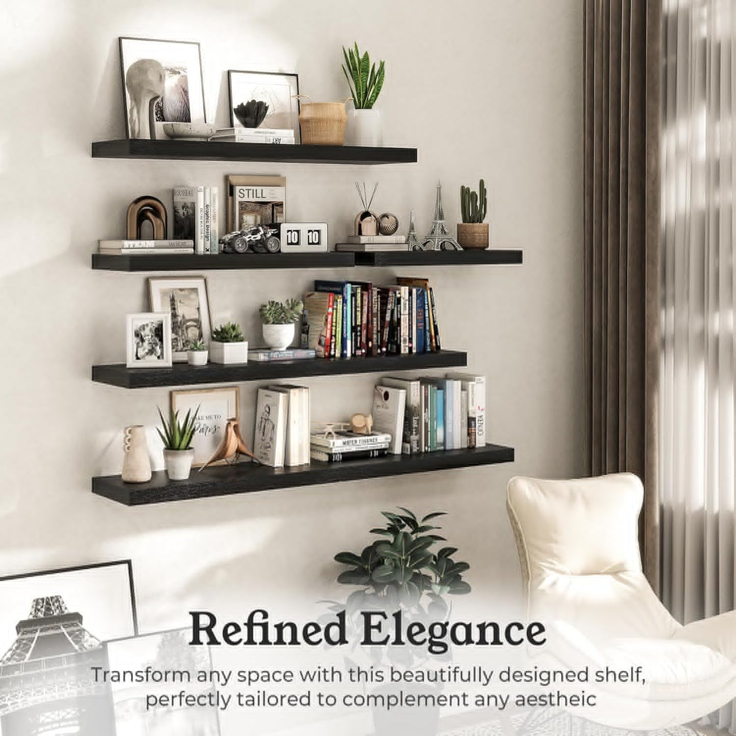 Floating Shelves for Wall, 7.9" Deep Wall Mounted Wood Shelves for Bathroom, Bedroom, Living Room, Kitchen, Hanging Shelf for Books/Storage/Room Decor (Black, 16")