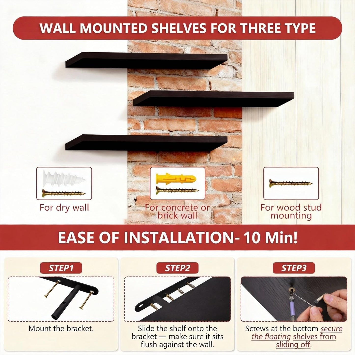 ROGMARS Black Floating Shelves for Wall,36 inch Rustic Wooden Floating Wall Mounted Book Shelves with Invisible Brackets for Living Room, Bedroom, Kitchen, Bathroom,Set of 3