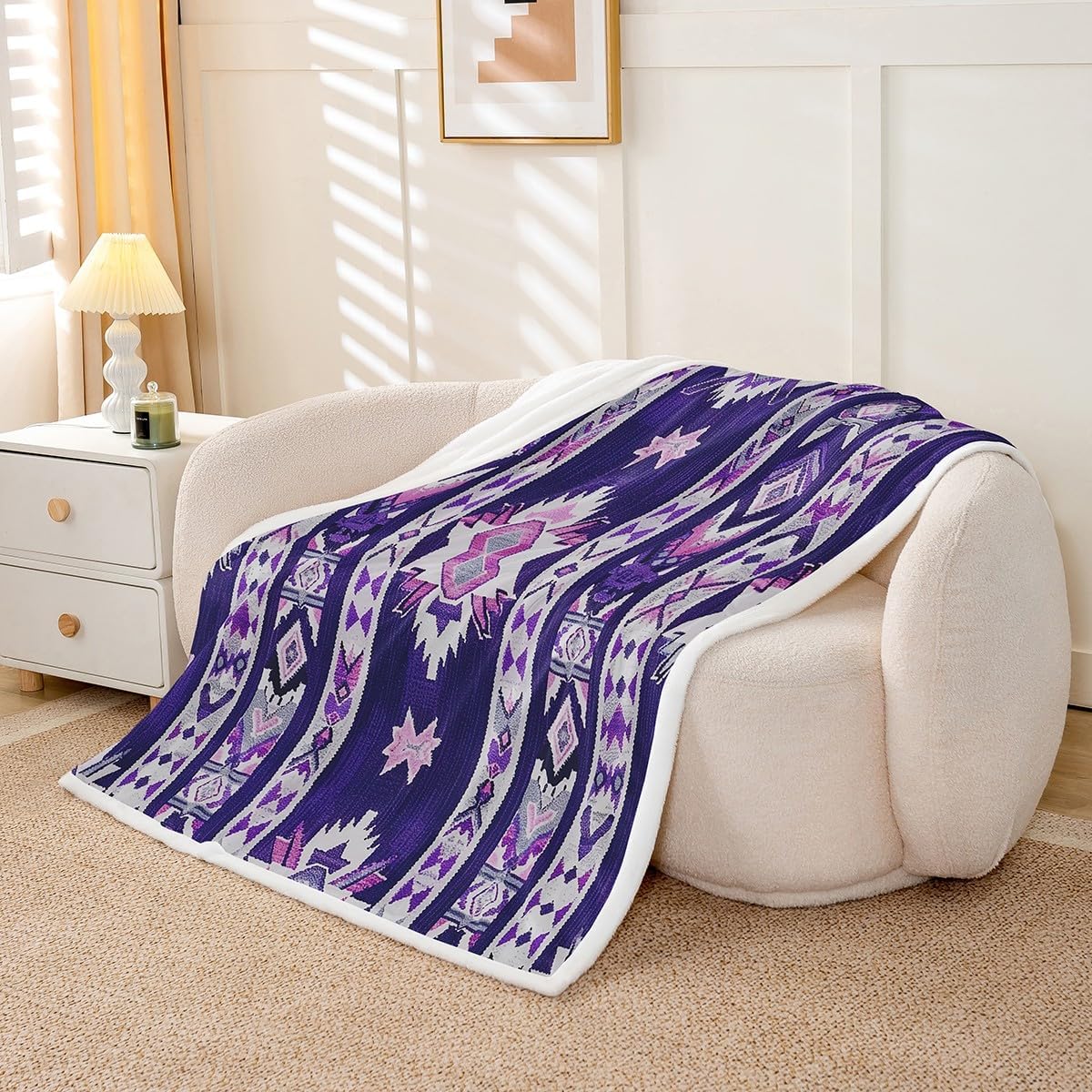 Feelyou Purple Southwestern Fleece Throw Blanket Baby 30"x40" Geometric Plush Blanket for Bed Sofa Couch Tribal Exotic Style Native American Indian Design Sherpa Blanket Stripe Line Fuzzy Blanket
