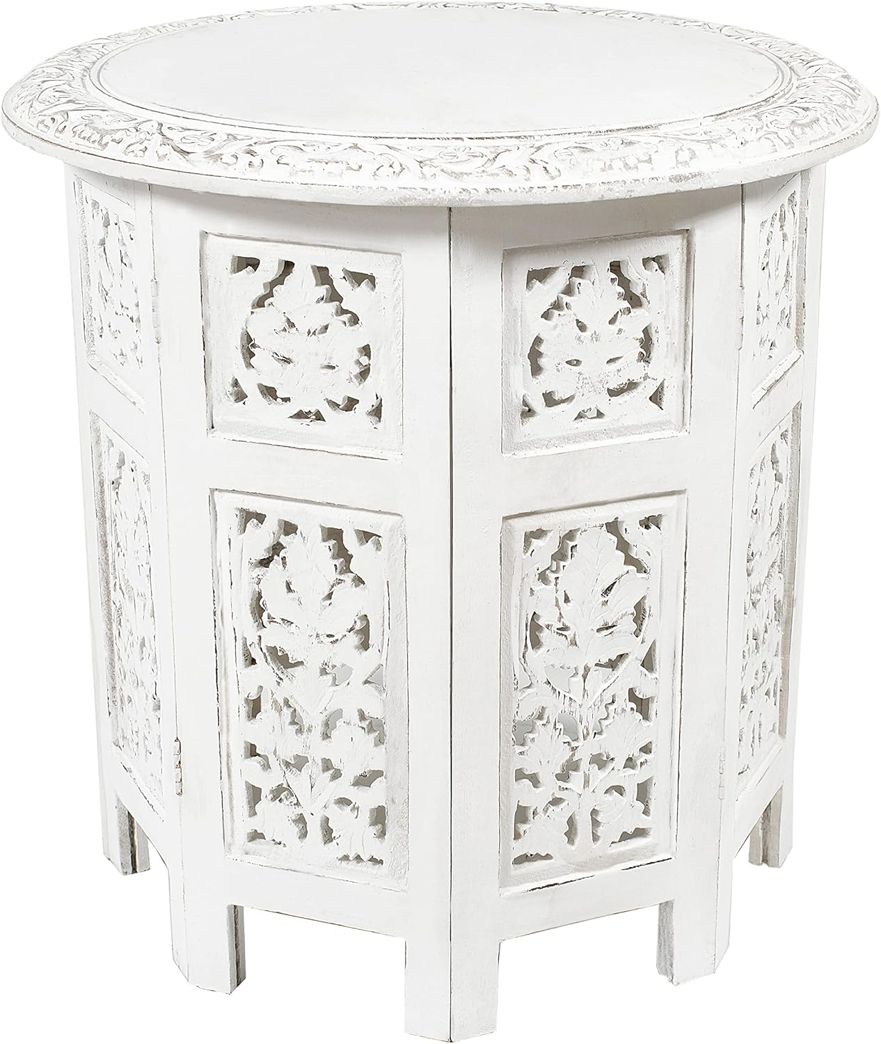 COTTON CRAFT Solid Wood Accent End Table - Hand Carved Vintage Boho Folding Side Table - Small Spaces Entryway Farmhouse Living Room Bedside - No Tools Assembly -18x18 Round - Jaipur Antique White