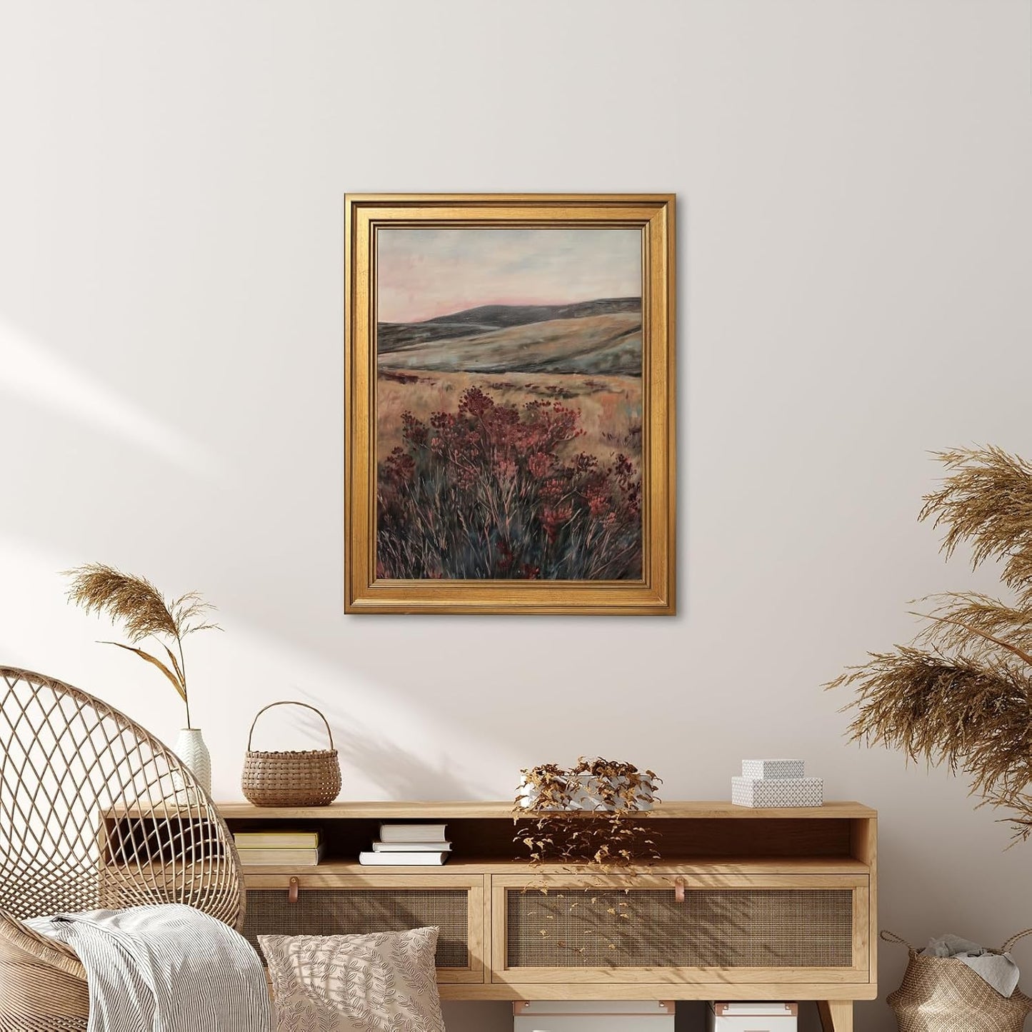 Gold Framed Landscape Canvas Wall Art Vintage Moody Dark Maroon Wildflower Oil Painting Poster Nature Botanical Flower Wilderness Picture Rustic Country Farmhouse Home Bedroom Decor 12x16inch