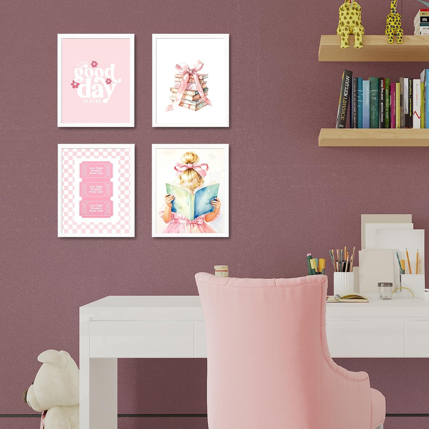 JINYO Coquette Pink Bow Book Wall Art Prints Set of 4, Reading Nook Corner Decor, Preppy Blonde Girl Book Ticket Wall Decor Posters Pictures for Library Reading Room Classroom, 8x10 Unframed