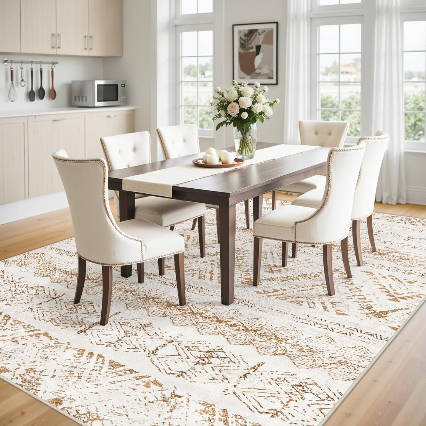 Area Rug Living Room Carpet: 5x7 Large Moroccan Soft Fluffy Geometric Washable Bedroom Rugs Dining Room Home Office Nursery Low Pile Decor Under Kitchen Table Light Brown/Ivory