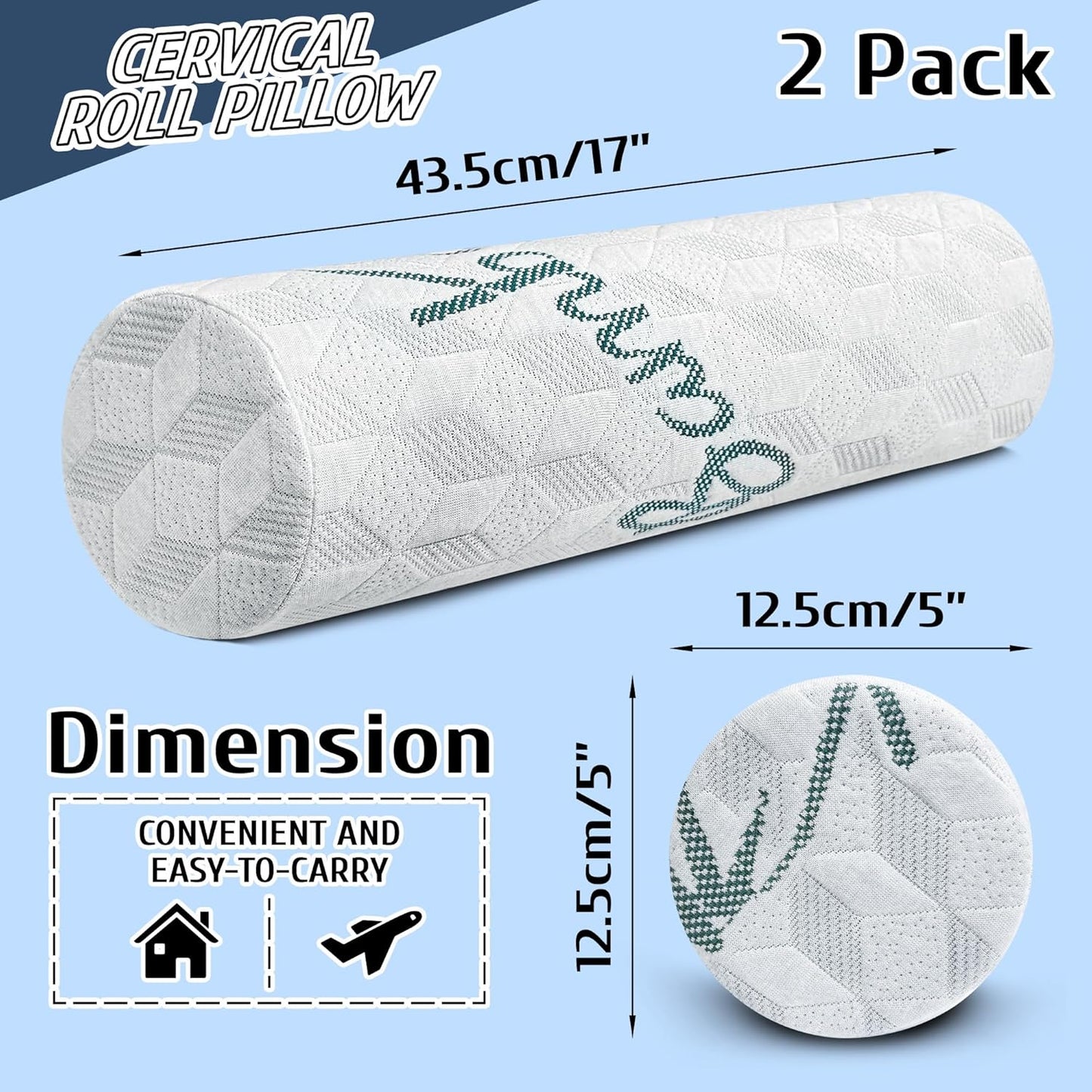 Cervical Roll Pillow, 2 Pack Round Bolster Pillow with Removable Washable Cover for Neck, Back, Leg, and Knee Support, 5" x 17"