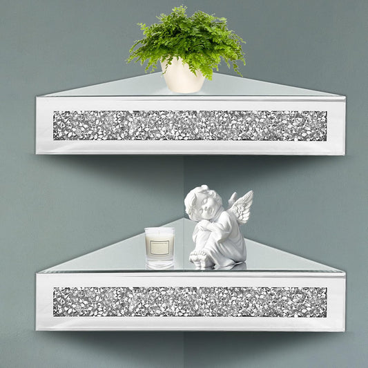 Royxen Corner Floating Shelves 2 Sets, Corner Shelf Wall Mounted Crushed Diamond, Corner Shelves Crystal Mirrored, Floating Corner Shelves for Wall