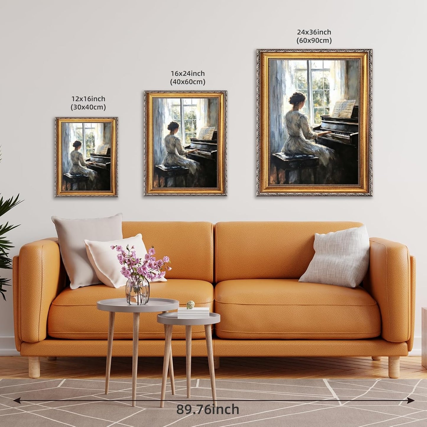 Large Framed Woman Playing Piano by the Window Canvas Wall Art Vintage Elegant Lady Oil Painting Poster Classical Music Artwork Print Impressionist Cottage Decor for Bedroom Home 24x36inch