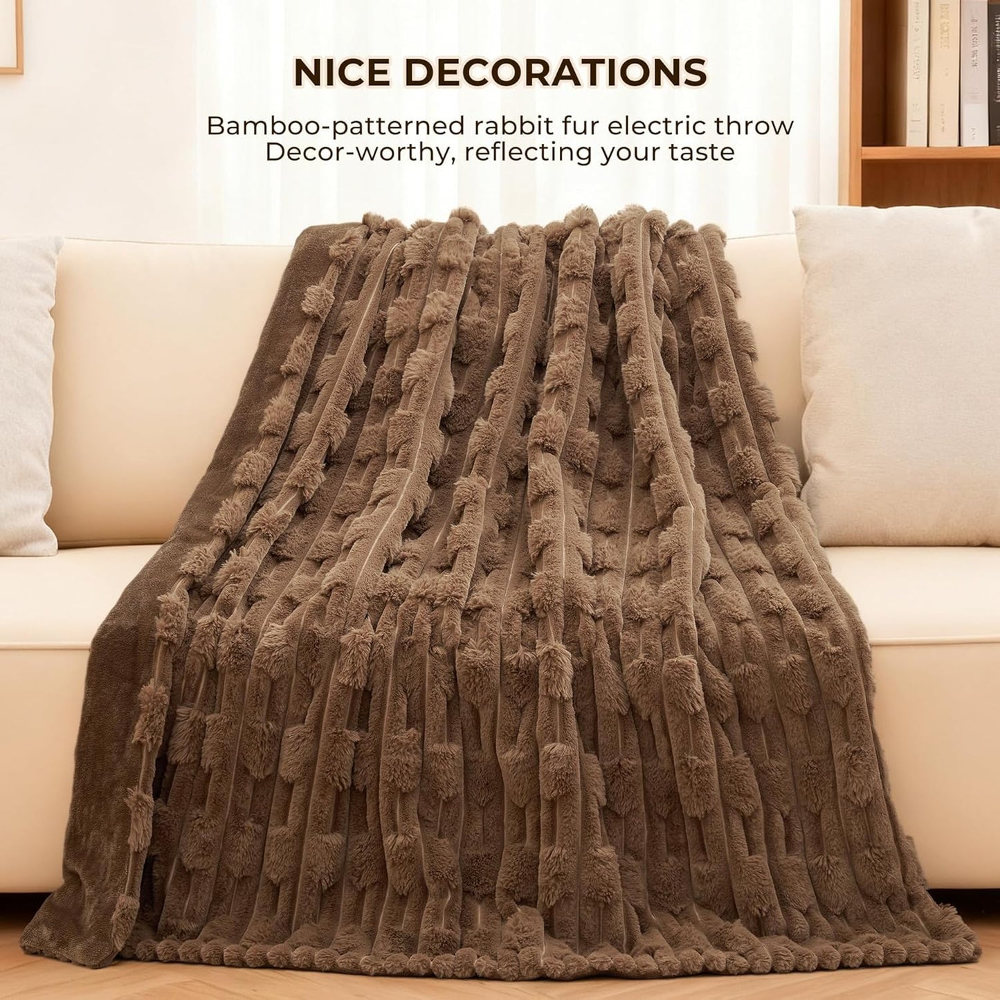 Heated Throw Blanket 50"x60", Electric Blanket with Bamboo Pattern, Luxury Faux Rabbit Fur&Soft Flannel, 6 Heat Settings, 1-4 Hour Auto Shut-Off, Machine Washable (Dark Brown)