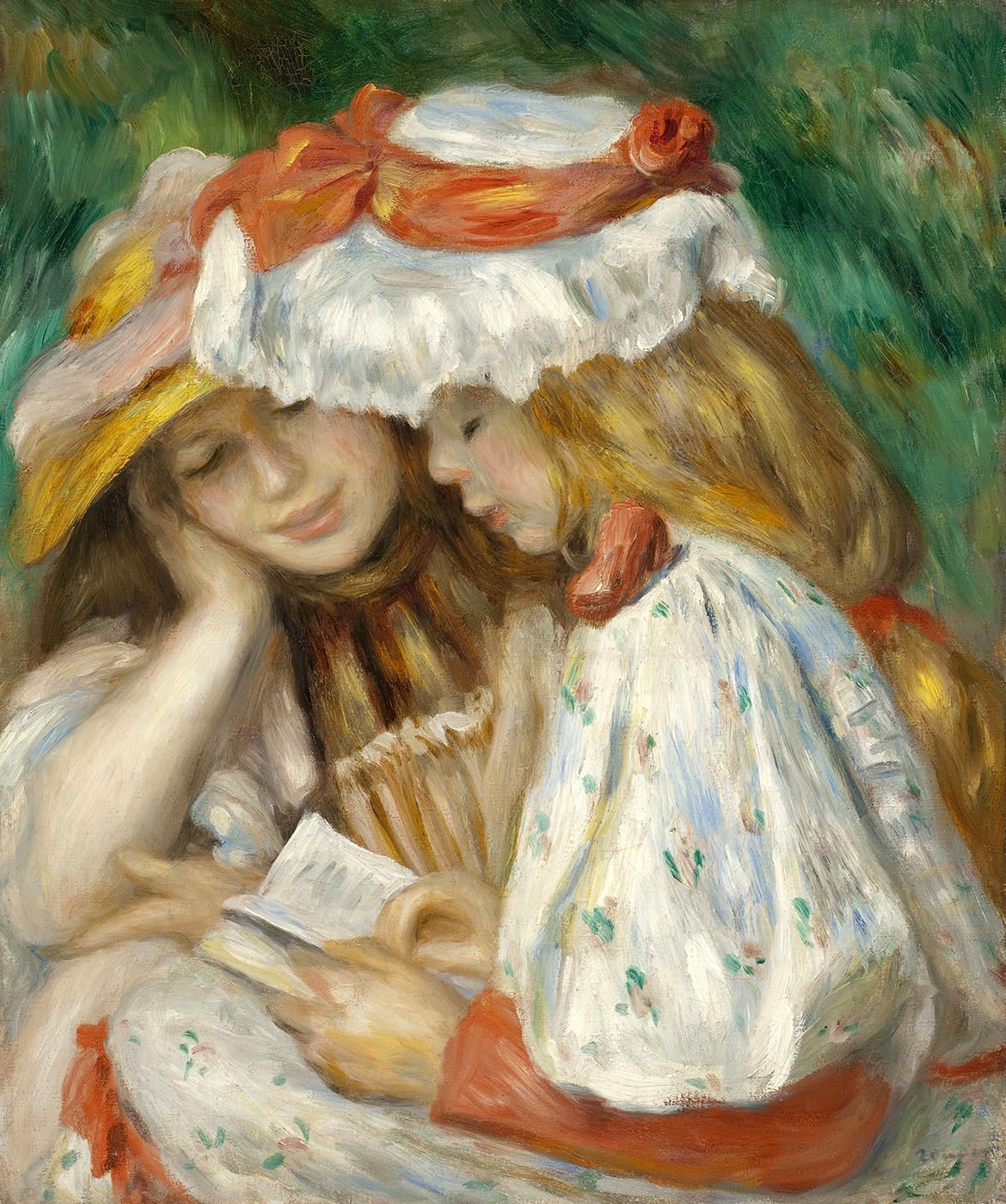 Two Young Girls Reading a Book Painting by Pierre Auguste Renoir 11"X14" Image Size on CANVAS Fine Art Print Poster Shipped Rolled-up