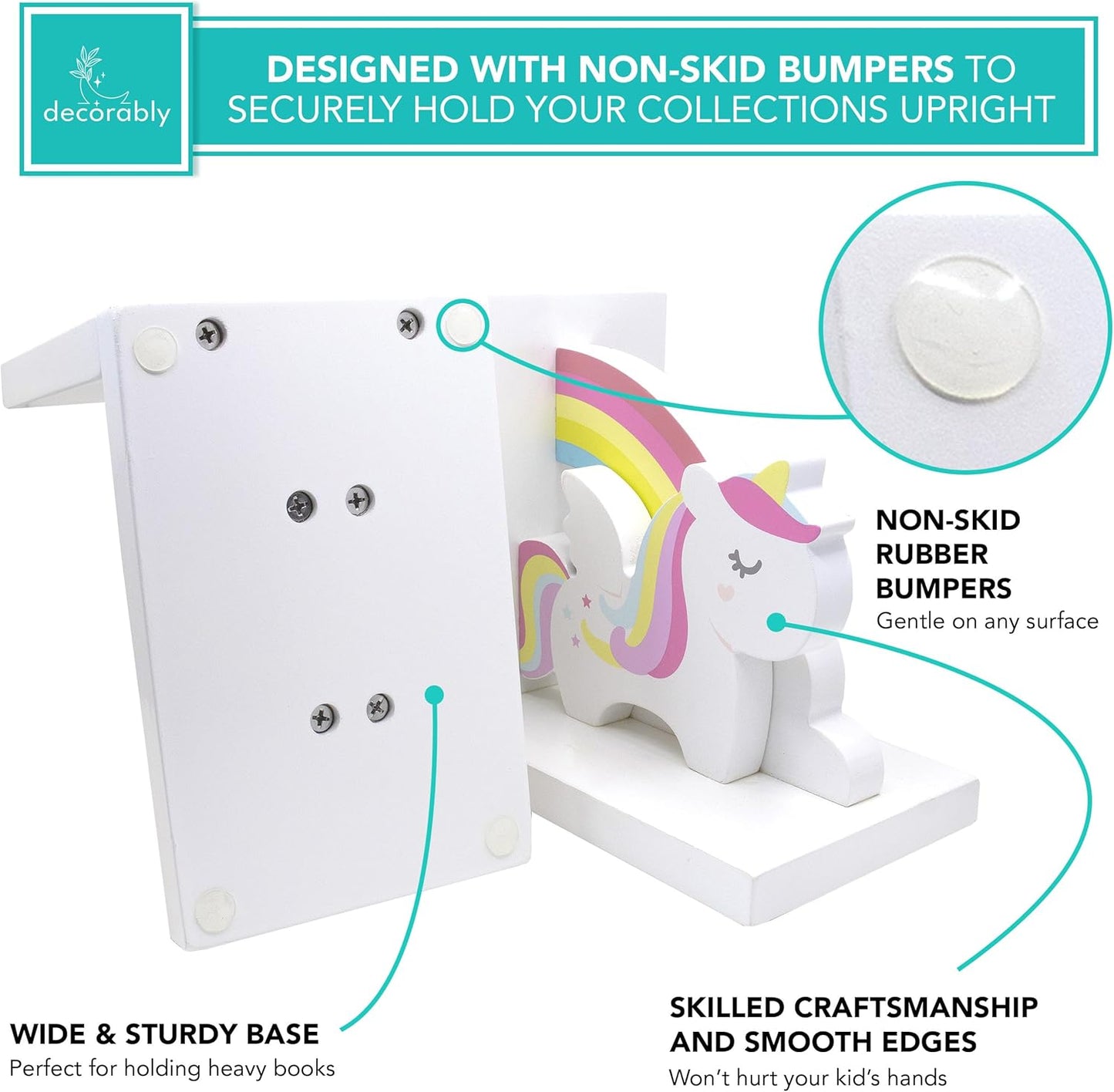 Decorably Unicorn Kids Book Ends for Kids Books - 1 Set Non-Skid Wooden Decorative for Girls Room, Baby's Nursery, Classroom Decor