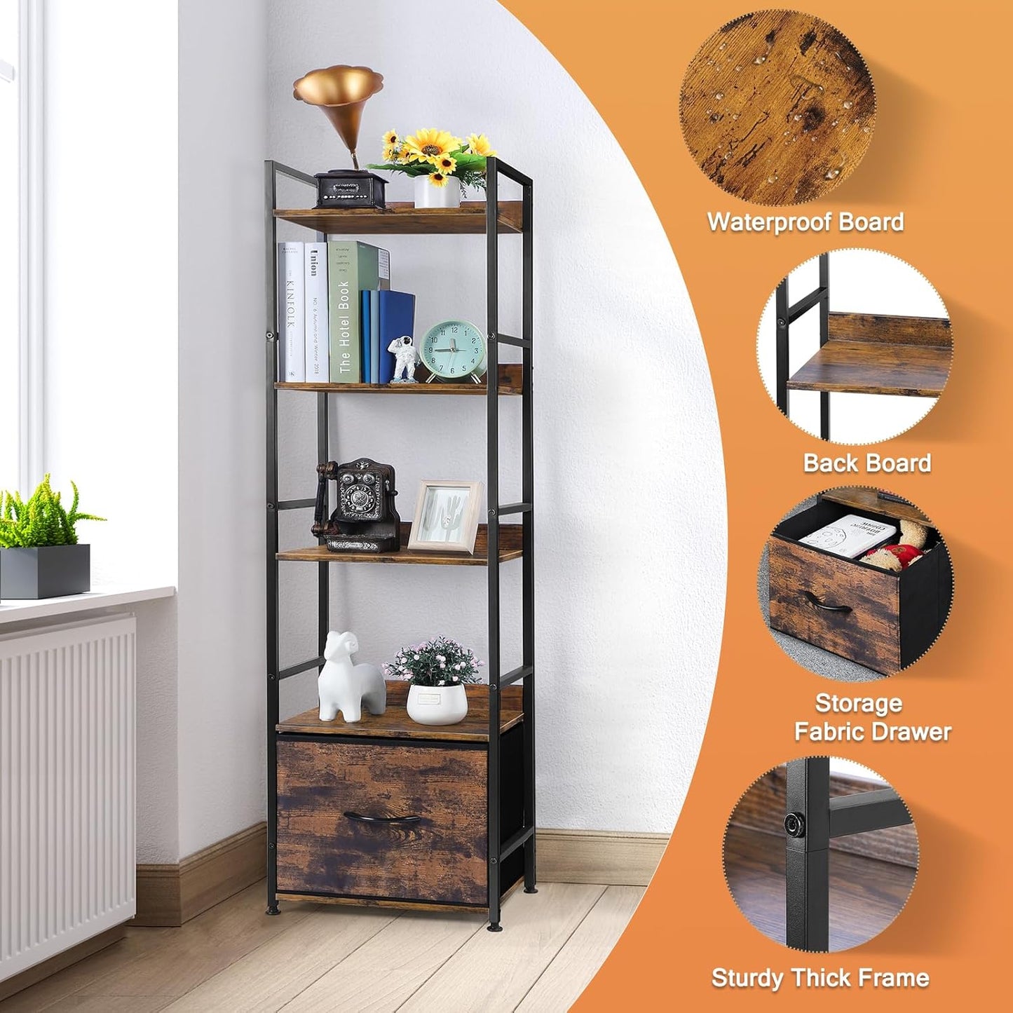 5 Tier Bookshelf with Drawer Wood Metal Rustic Brown,Bookcase with Shelves Tall Narrow, Shelf with Cabinet,Corner Book Shelves Storage Organizer, Display Standing Shelves Unit Bedroom,Living Room