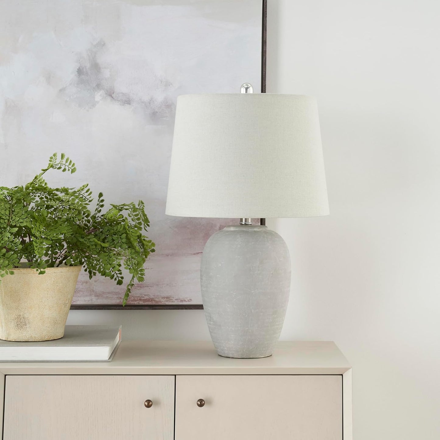Nourison Home 23" Vintage Grey (White Washed) Ceramic Pot Table Lamp for Bedroom, Living Room, Dining, Office, with Grey Shade